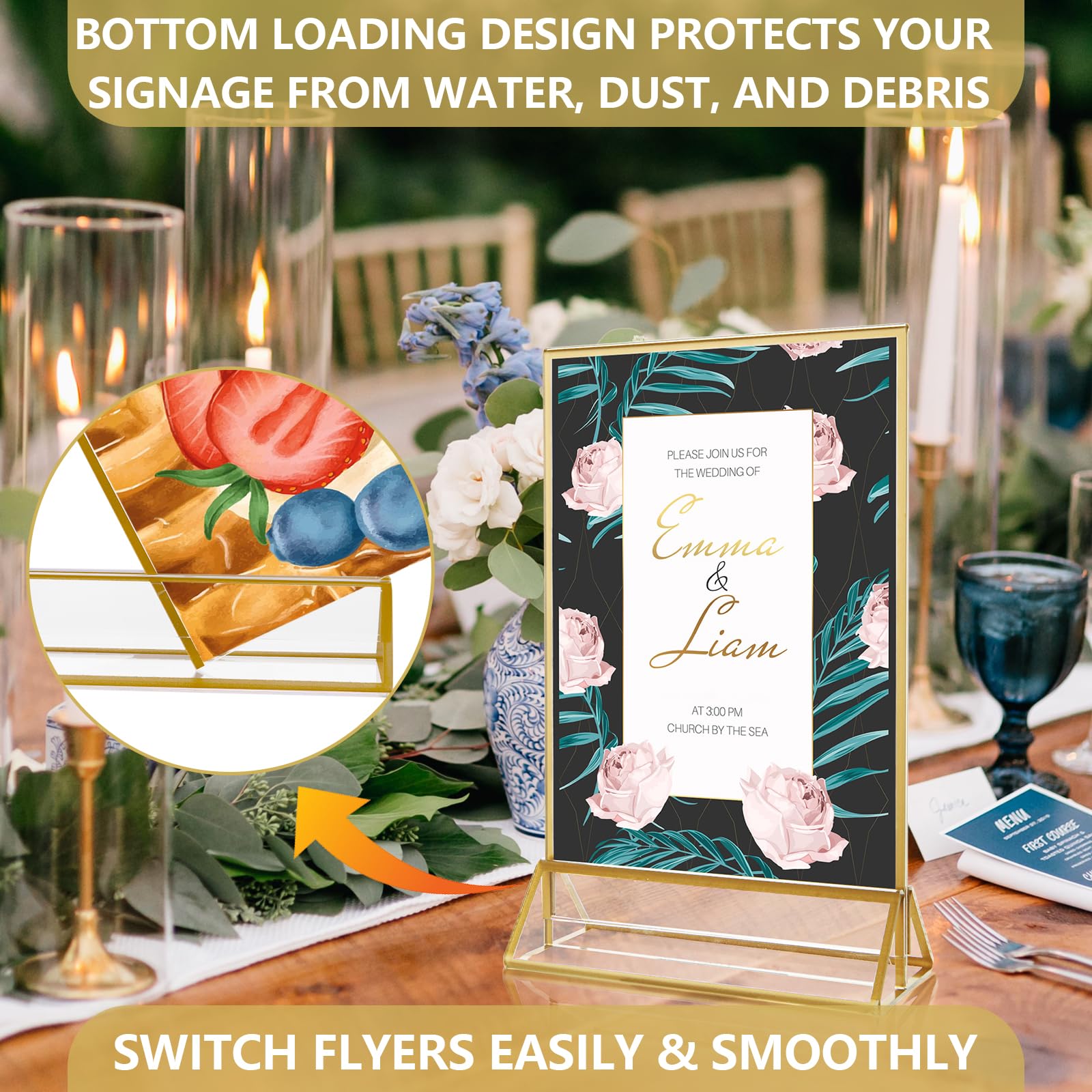 Dasher Products Cadres Photos Dorés Double Face - Pack De 6 - Porte-numéros De Table Dorés En Acrylique, Chevalets De Table Transparents Pour Affiche, Porte-menus, Cadres Photos (A4