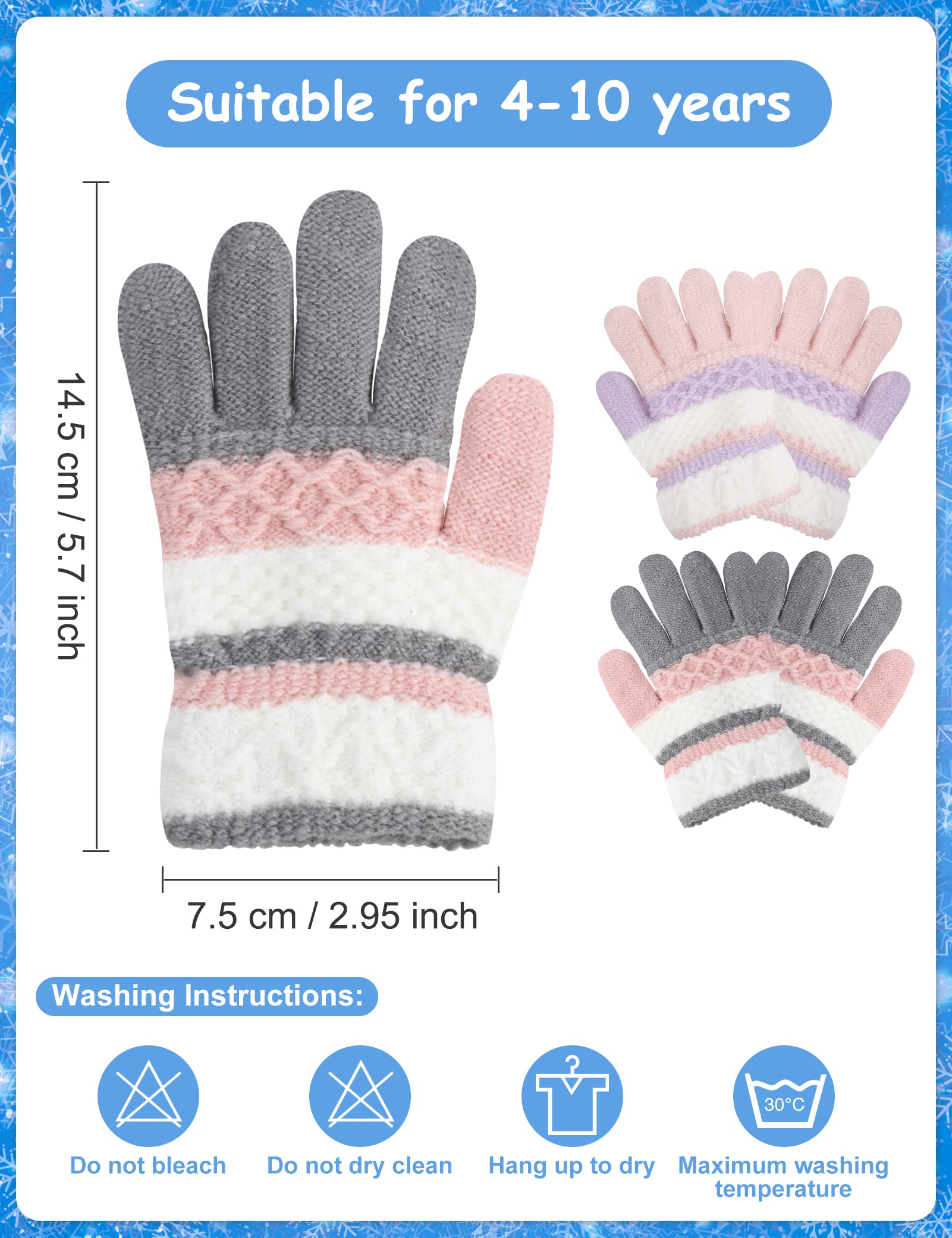 Becellen 2 Pares Guantes Invierno Niños, Guantes Termicos de Dedo Completo de Punto Guantes Elásticas Rayas Mágicos para Niñas de 4 a 10 Años