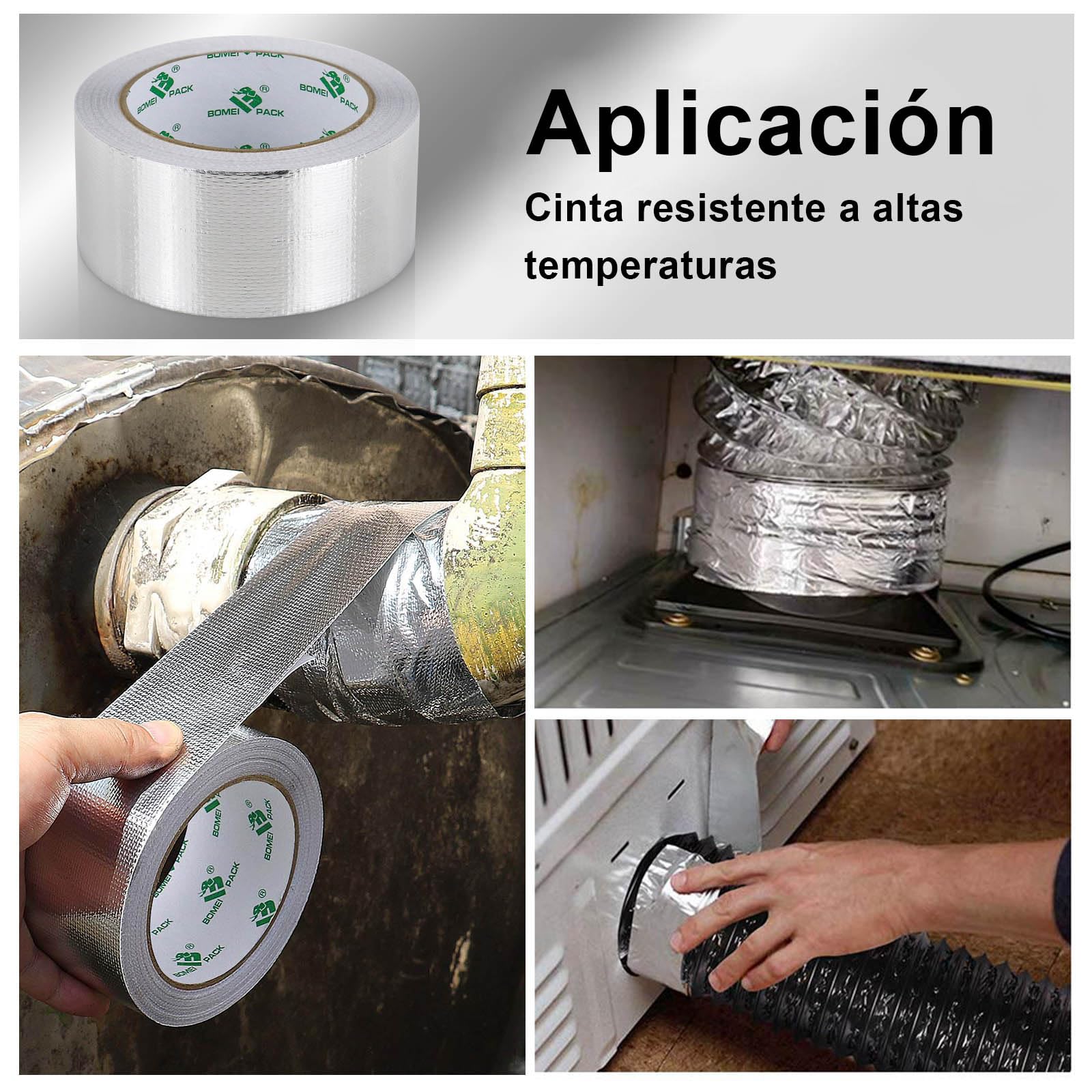 BOMEI PACK 50mmx20m Cinta adhesiva de aluminio reforzada aislante térmico - Rollo de aluminio adhesivo de alta temperatura de reparación - Cinta de Aluminio para Sellar Sistemas