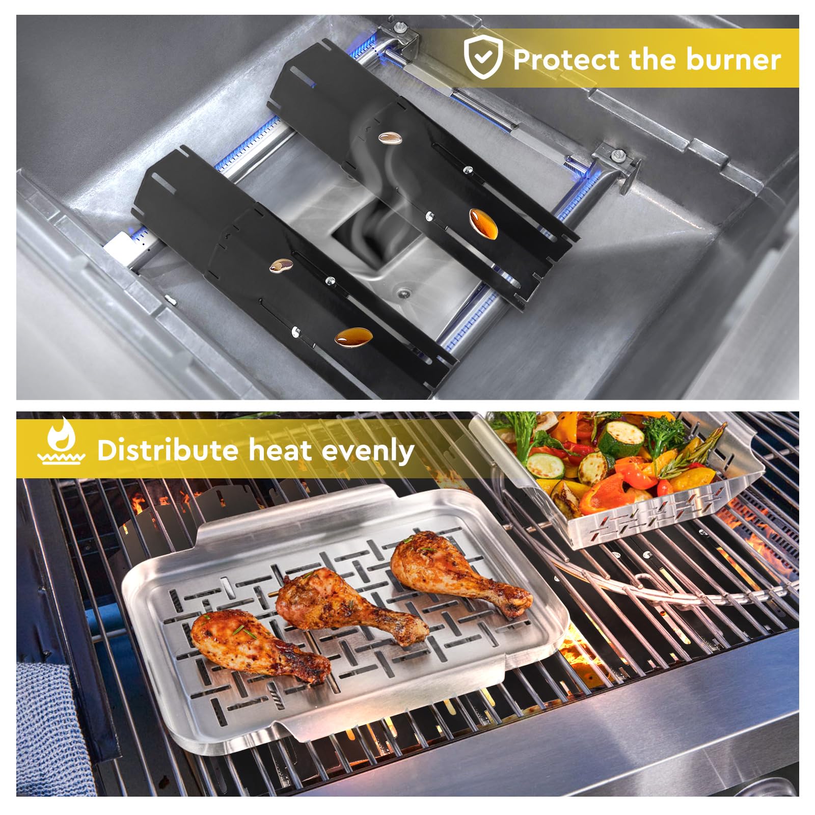 SWAWIS 4 Set 29,8-53,3 cm Universal Placa de Calor Piezas, Accesorio de Calor de 430 Acero Inoxidable para Landmann Outback Brinkmann Charbroil, Burner Cover(Negro)