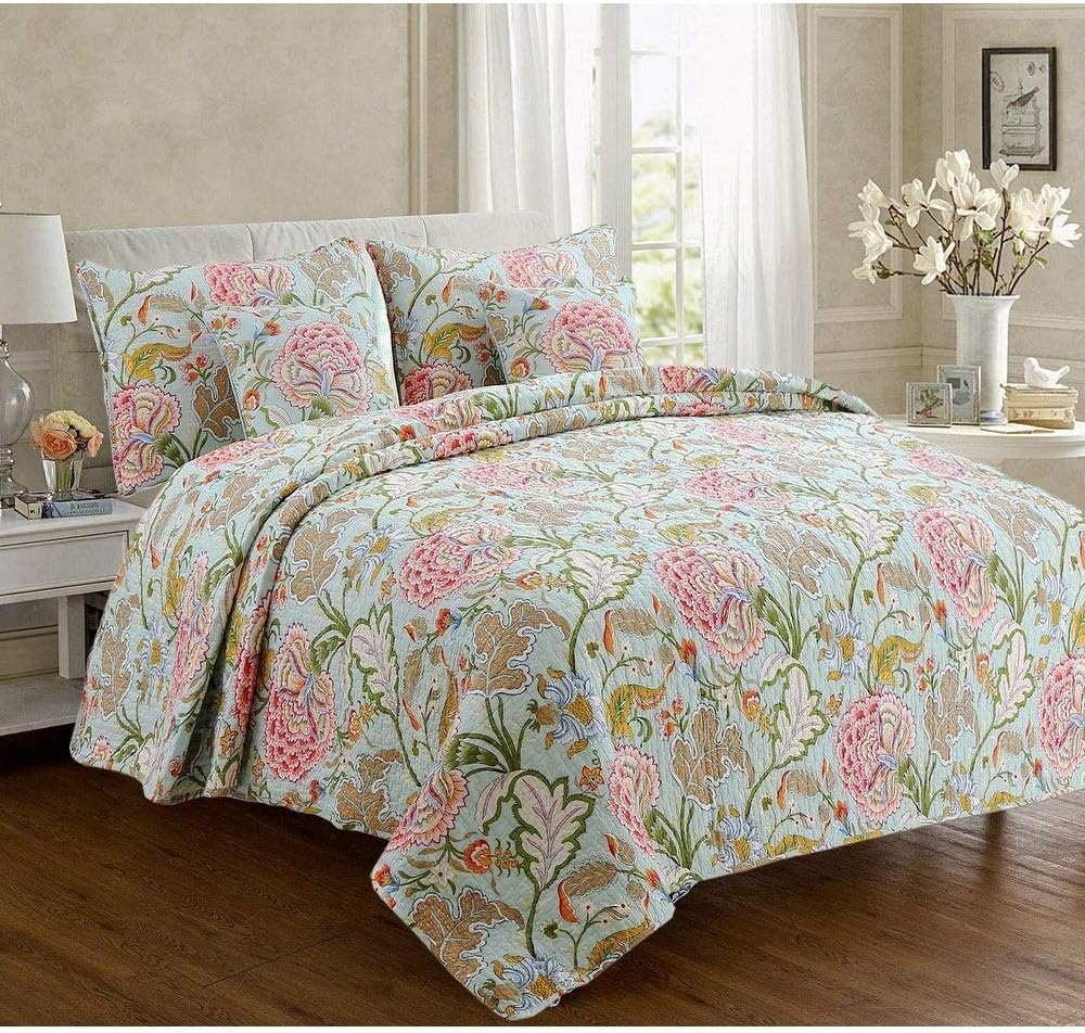 Cozy Line Home Fashions Blooming Red White Floral 100% Cotton Reversible Quilt Bedding Set, Coverlet Bedspread (Camellia Green, King - 3 Piece)