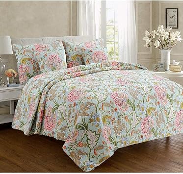 طقم مفروشات لحاف قطني قابل للعكس من Cozy Line Home Fashions باللون الأحمر والأبيض المزهر، طقم مفروشات كاميليا أخضر، كوين - 3 قطع