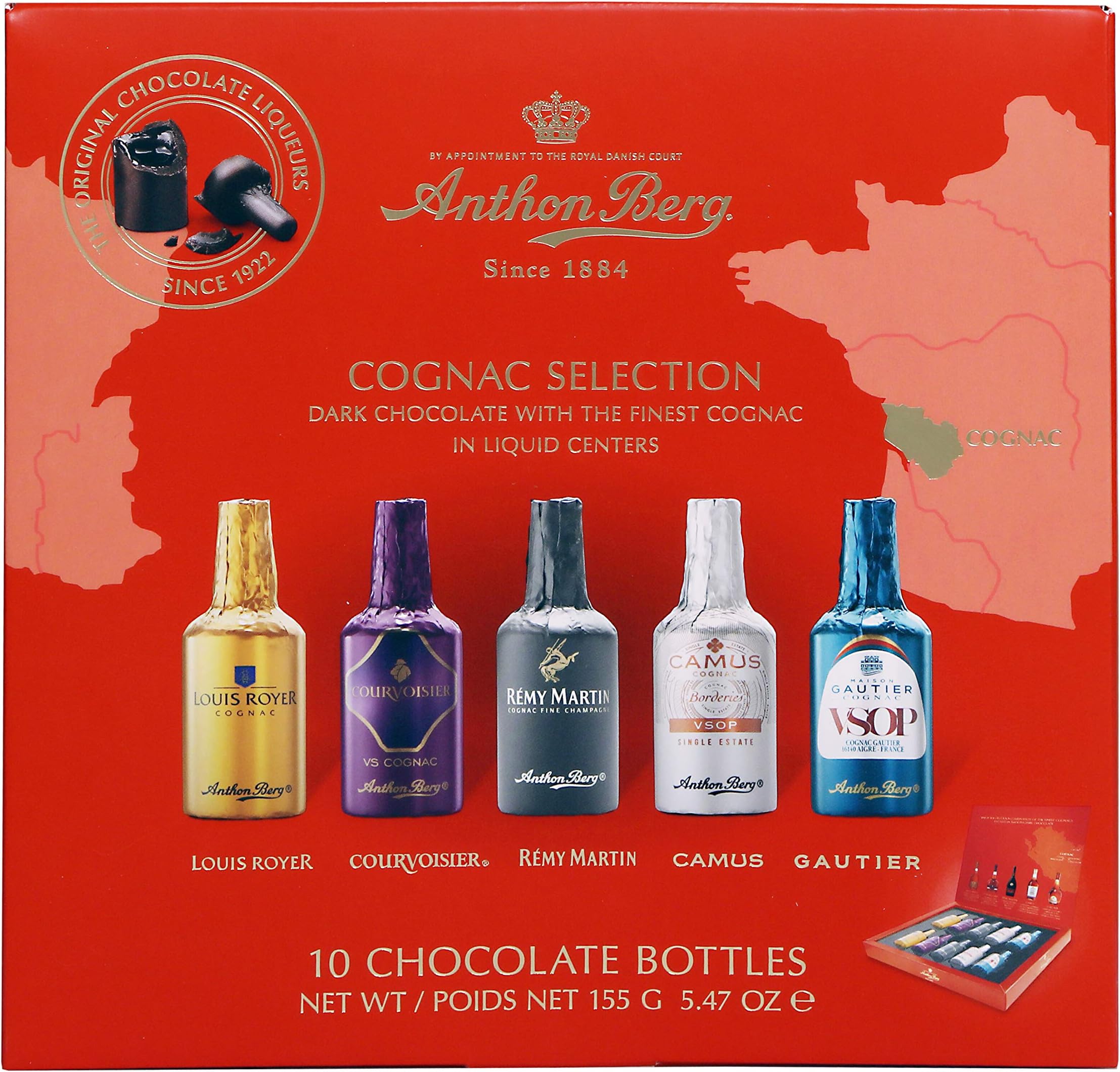 Anthon Berg - Chocolate Liqueurs - 5 Premium French Cognacs - 10 bottles 155g - With a Delicious Liquid Filling, Multi, (Pack of 1)