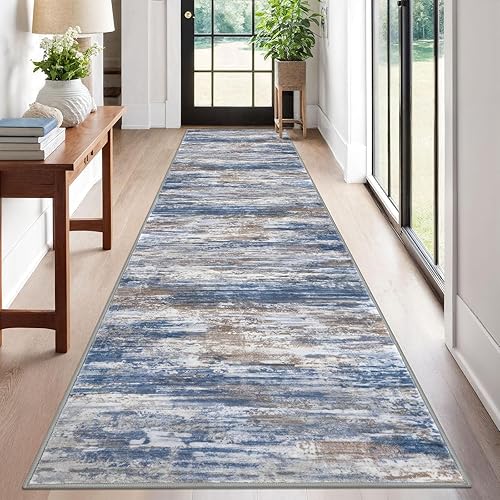 Miniatura 126 de KOZYFLY Alfombra moderna abstracta lavable de 2.6 x 10 pies, antideslizante, suave, alfombra de camino de cocina, alfombra a rayas azules óxido para