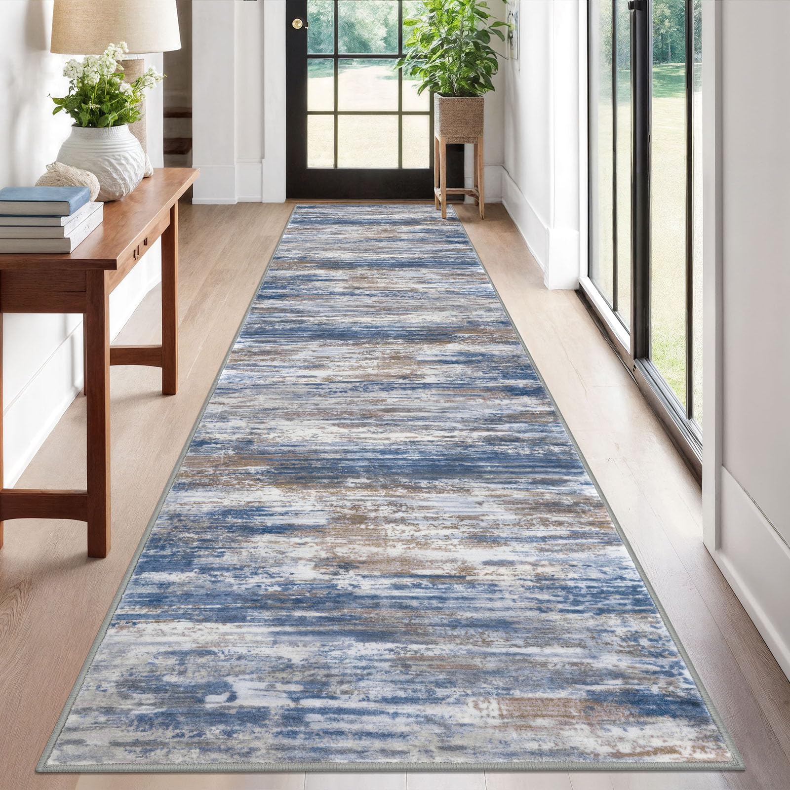 KOZYFLY Modern Abstract Washable Rug Runner 2.6x12 Hallway Rug Runner Non-Slip Soft Kitchen Runner Rugs, Blue Rust Striped Carpet for Entryway Bathroom Laundry Room Foyer — image 1