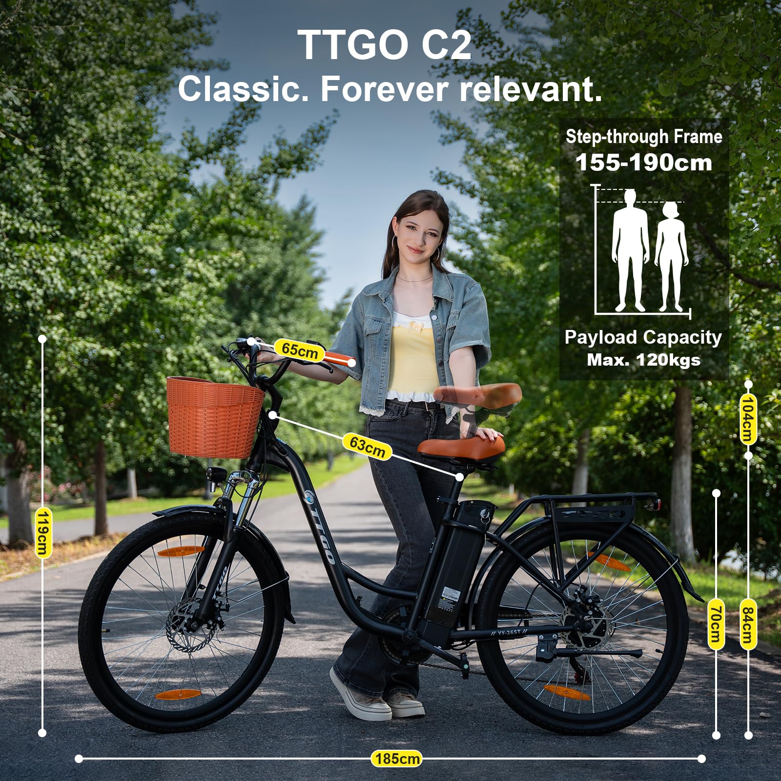 ttgo C2 26 Zoll E-Bike mit Korb, City E-Bike Damen Herren mit 250W Motor 36V 14,5Ah Abnehmbarem Akku, 25 km/h 6-Gang Schaltung, bis zu 100 km Reichweite, Elektrofahrrad für Erwachsene
