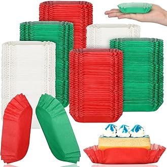 600 Pcs Christmas Mini Oval Cupcake Papers Disposable Red Green White Brownie Baking Cups Cake Loaf Pan Liners Boat Shaped Muffin Cupcake Wrappers for Weddings Birthdays
