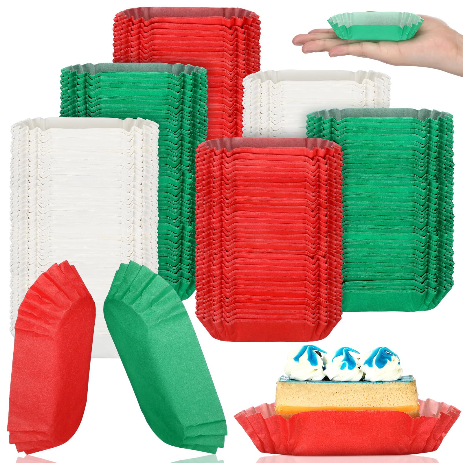 Mifoci 600 Pcs Christmas Mini Oval Cupcake Papers Disposable Red Green White Brownie Baking Cups Cake Loaf Pan Liners Boat Shaped Muffin Cupcake Wrappers for Weddings Birthdays