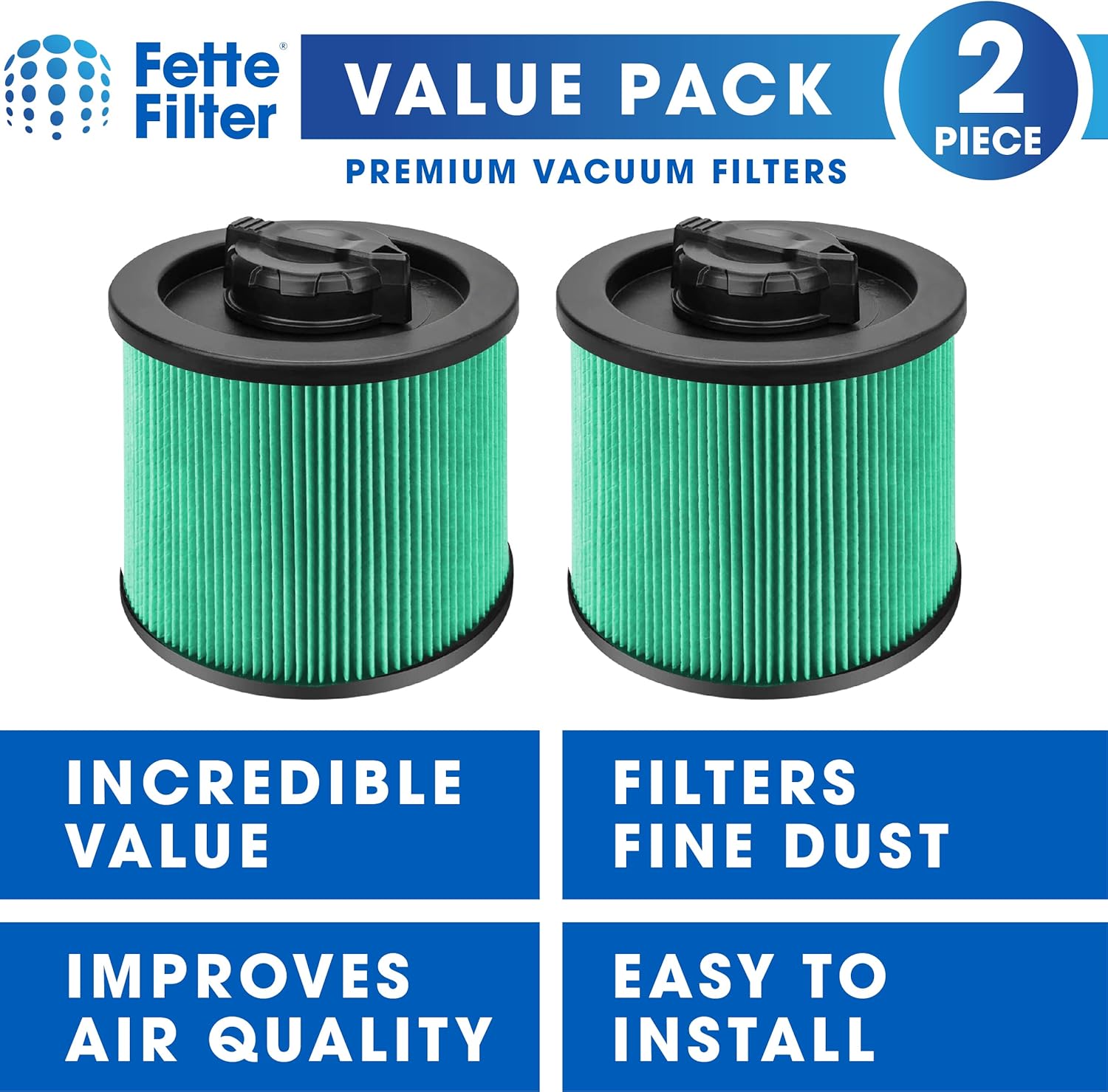 Fette Filter - DXVC4003 Premium HEPA Cartridge Filter Replacement Compatible with DeWalt DXV04T DXV05P DXV05S DXV08S DXV06G for 4 Gallon Wet Dry Vacuum - Pack of 2
