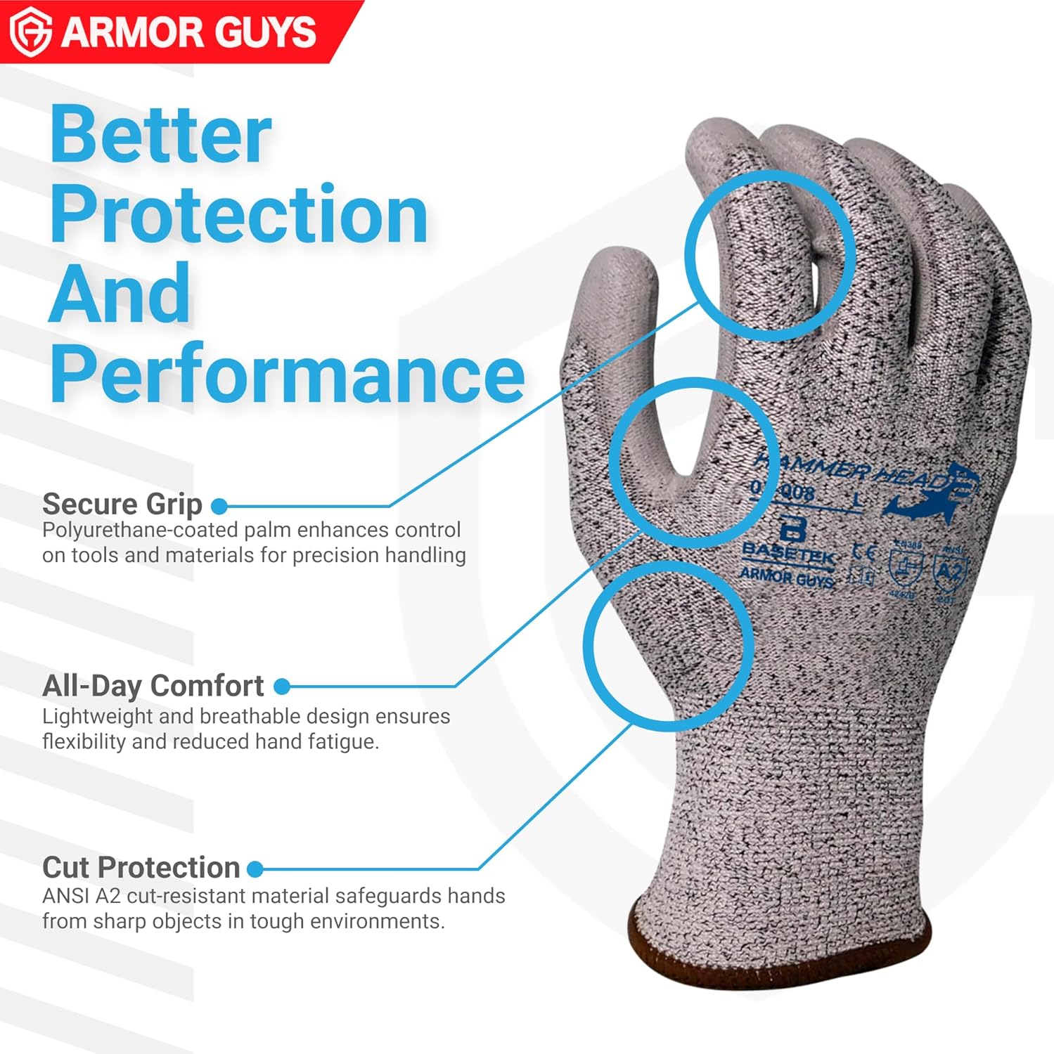 Armor Guys Hammer Head 3 Basetek Protective Work Gloves – Gray Polyurethane Grip for Women and Men with HDPE A3 Basetek Liner - L, 12/pair