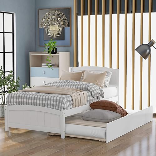 Miniatura 8 de Merax Cama de plataforma de madera tamaño individual con cama nido, no requiere somier, gris Gris,Espresso,Blanco