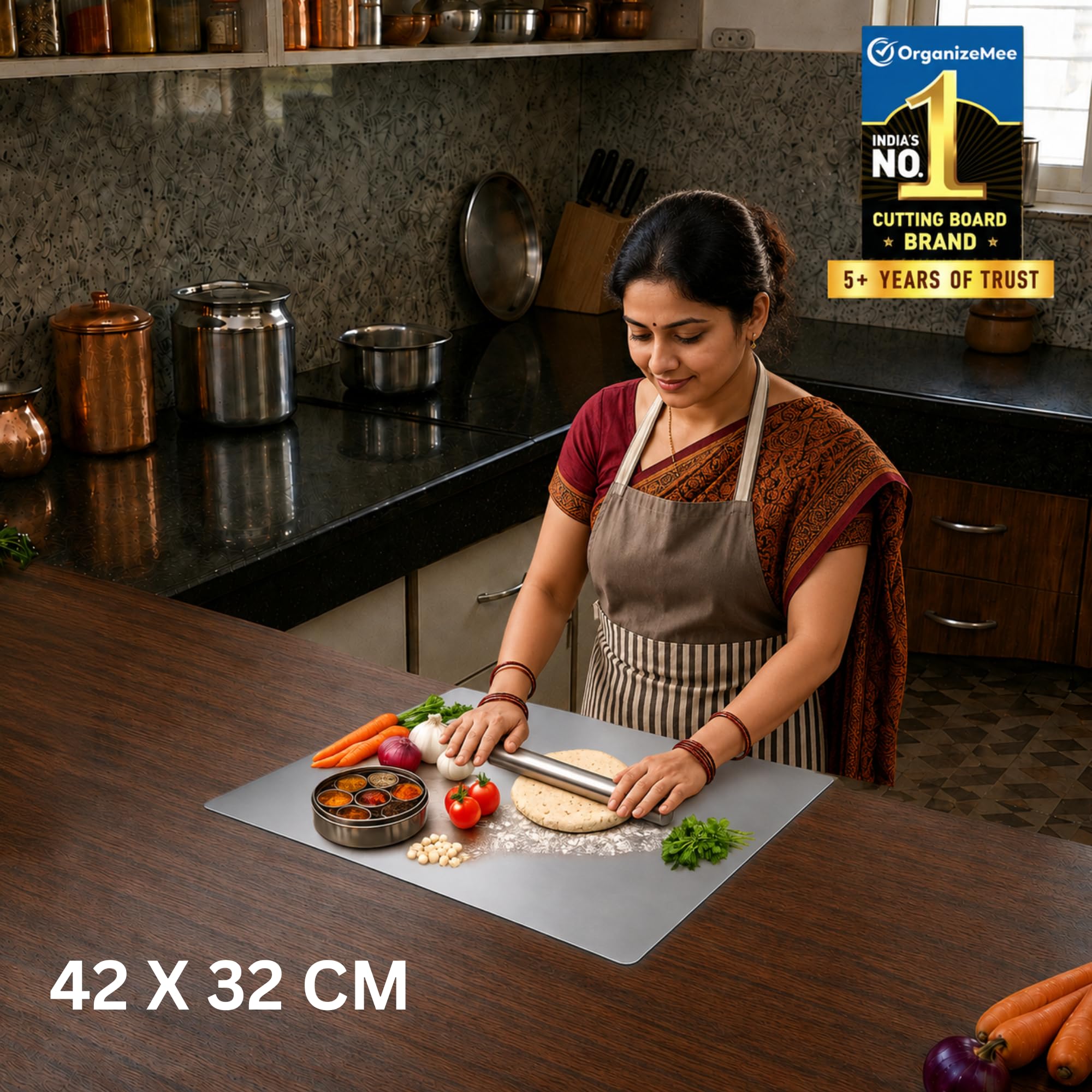 Stainless Steel Chopping Board Large (42 cm x 30 CM), Steel Chopping Board for Kitchen Large,(with Rolling Pin) Rust-Proof Cutting Board with Anti-Countertop for Meat and Vegetables(Platform Medium) 1