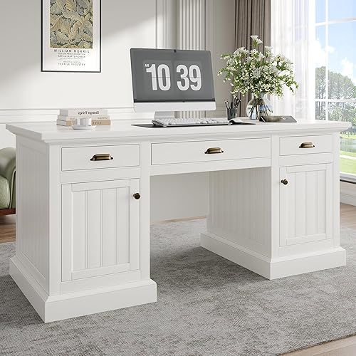 Miniatura 9 de Jocisland - Escritorio ejecutivo de 68" para oficina en casa y estudio, mesa de ordenador con panel acanalado con 3 cajones y 2 armarios, escritorio