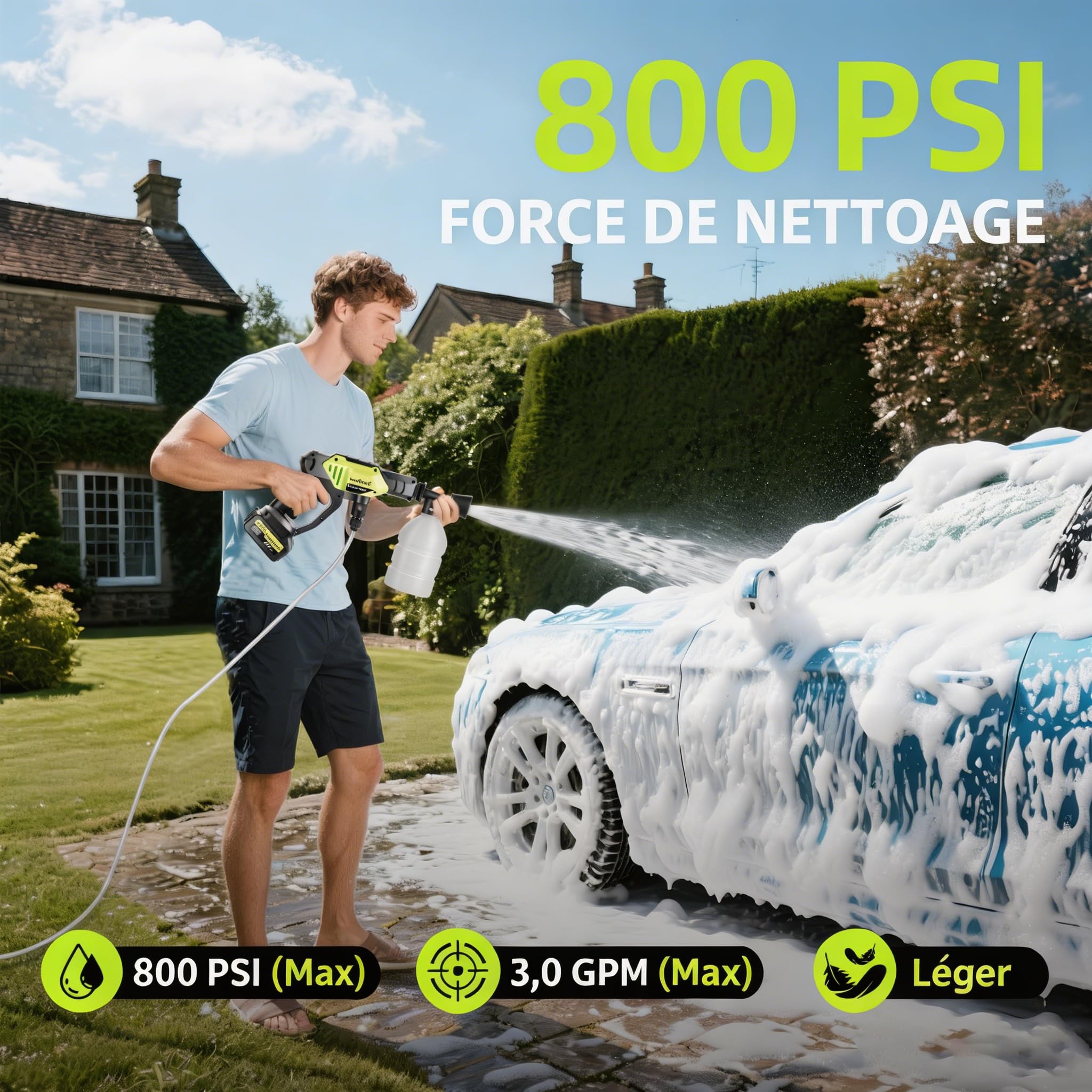IronHawk Nettoyeur Haute Pression sans Fil, Pistolet de Lavage sur Batterie 380W Moteur sans Balais, 800 PSI avec Buse 6 en 1, 2 Batteries 4000mAh et 6M Tuyau, pour Voiture, Terrasse et Jardin