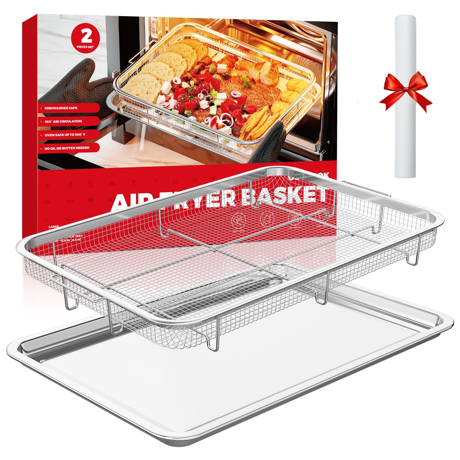 Air Fryer Basket for Oven, Air Fryer Basket and Stainless Steel Baking Tray Pant Oven Air Fryer Pan Rack for Cooking Baking Dishwasher and Broiling