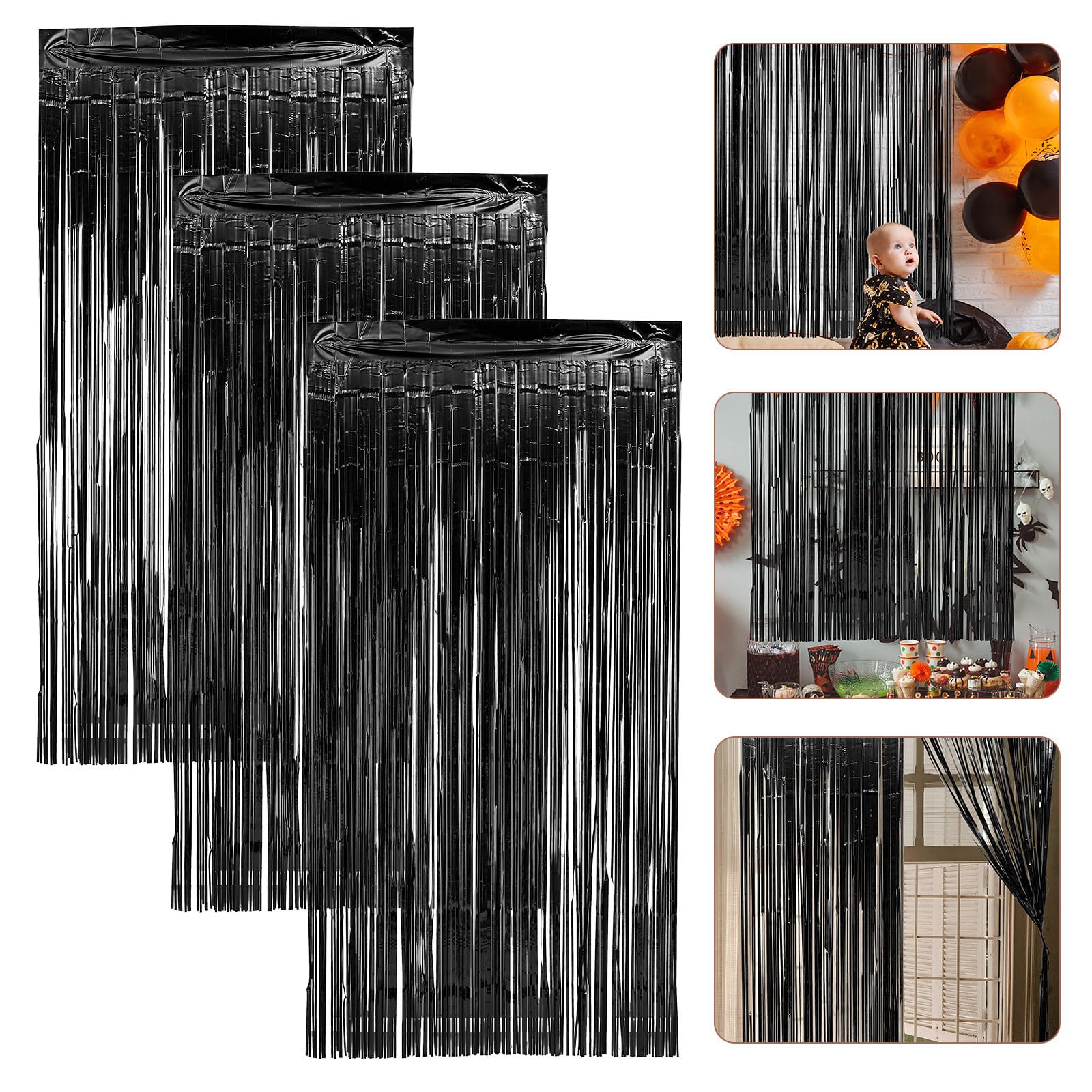 Mobestech 15 Piezas Cortina Metálica de Pvc Negra Diseño Vertical Degradado para Decoración de Cumpleaños y Fiestas, Fácil Instalación y Diseño Llamativo para Eventos