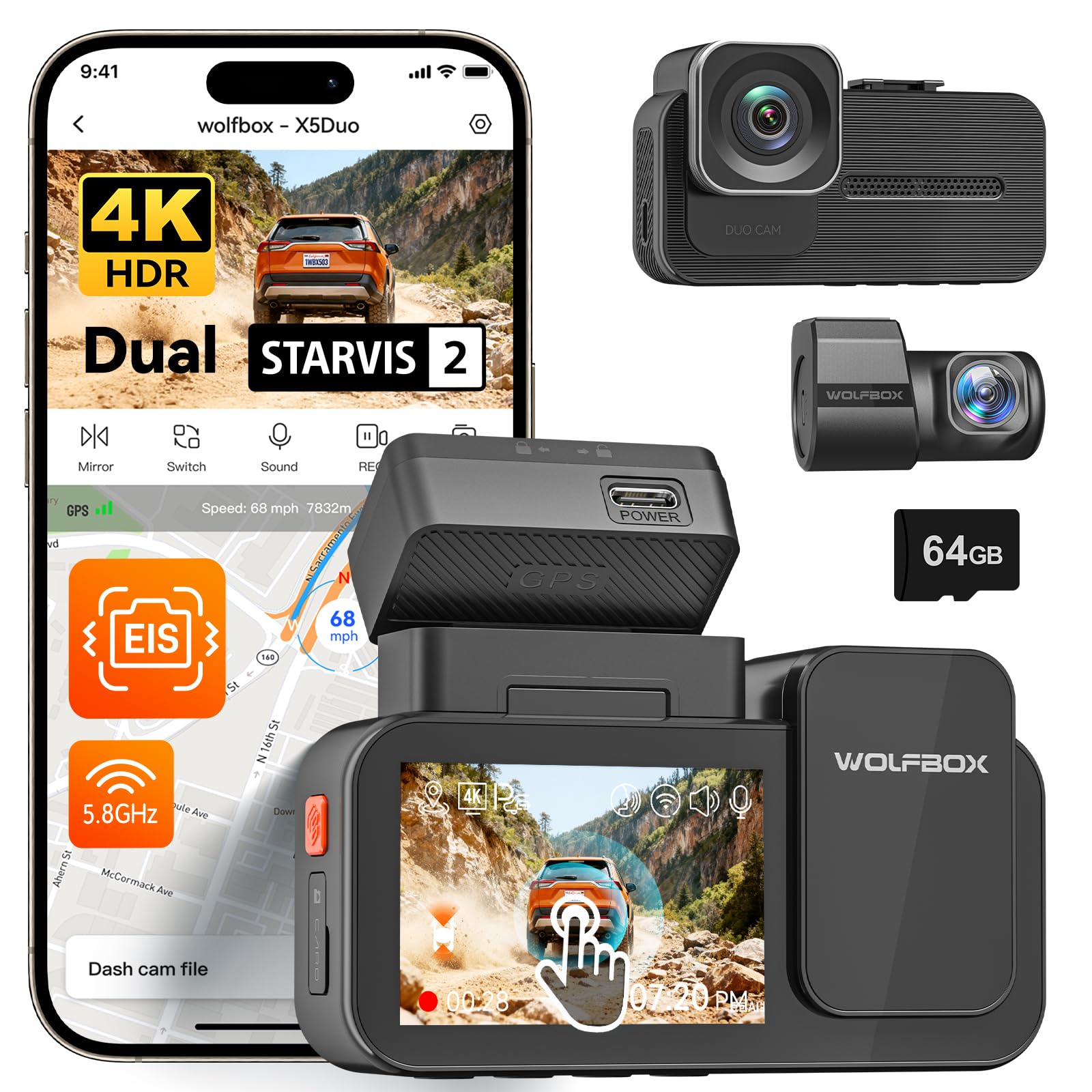 WOLFBOX X5 Duo 4K+2.5K Dash Cam Anti-Shake, 8MP STARVIS 2 IMX678 IMX675, Dual Car Camera Front and Rear, 5.8GHz Wi-Fi GPS, Included 64GB Card, Voice Control, Touch Screen, Parking Mode