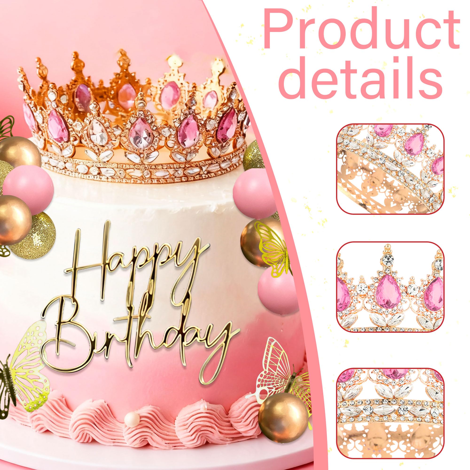 Pink Crown Cake Topper Gold Balls Cake Decor Crown Birthday Gold Butterfly Sign for Birthday Baby Shower - Image 3