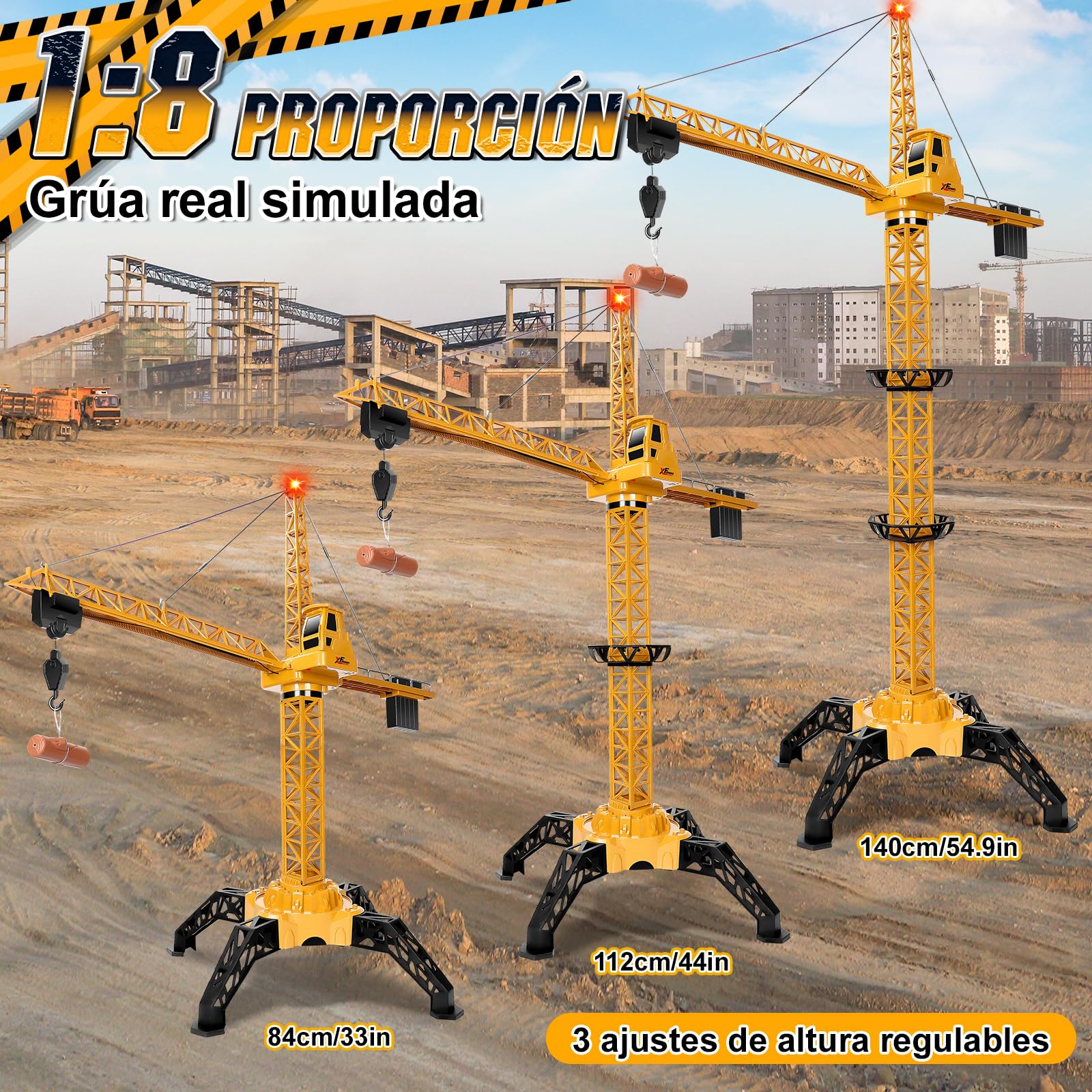 Herenear Gruas de Juguete Teledirigida, 140cm Grúa Torre Teledirigida con Luces y Mando a Distancia, 2.4GHz Grua Teledirigida 360 Grado Rotación para Niños