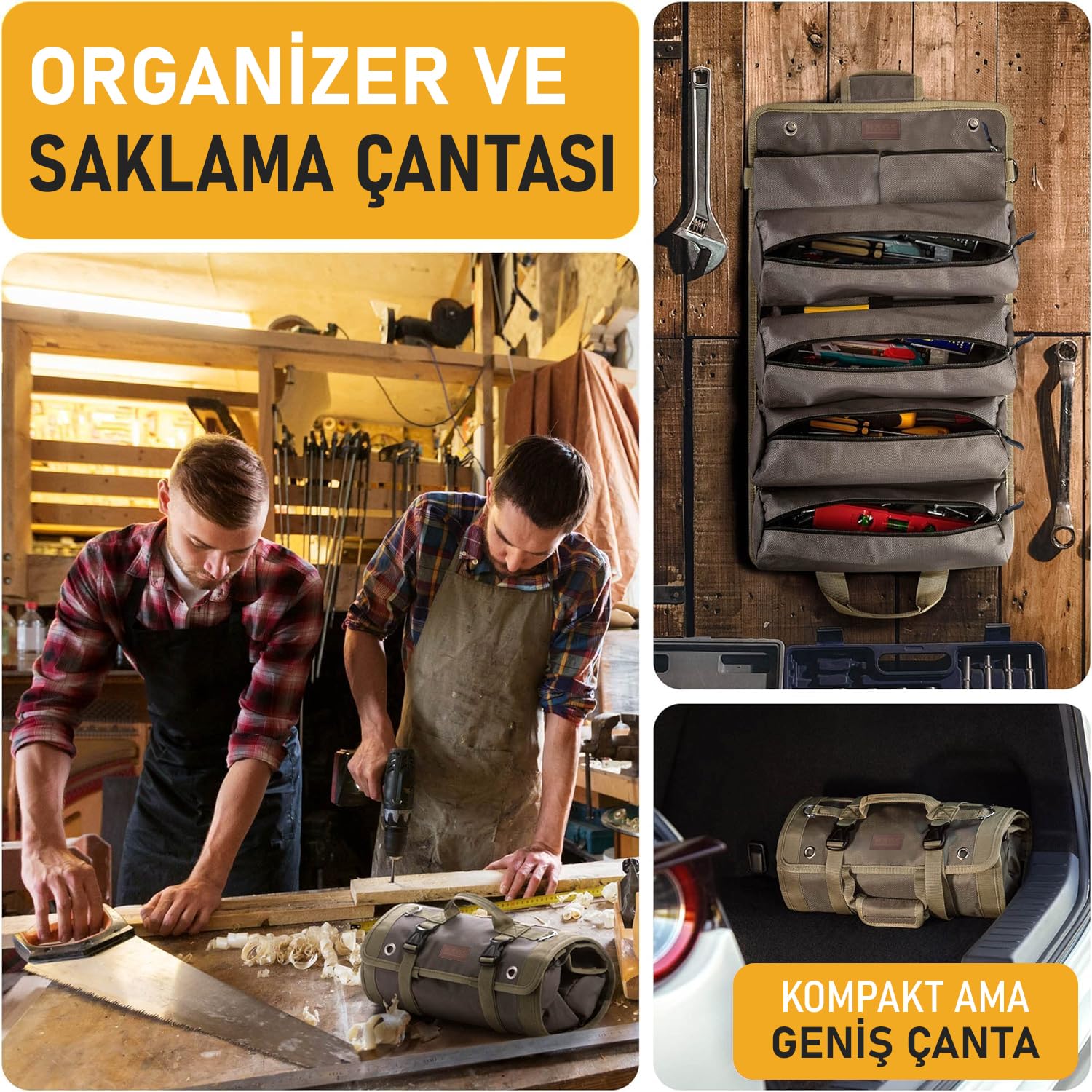 HAEGS Alet Çantası, Ağır Hizmet Tipi Kanvas Rulo Takım Çantası, Katlanabilir Alet Organizer El Çantası, Tamirci Marangoz Teknisyen Hobici Takım Çantası, Alet Takım Anahtar Düzenleyici Çanta Haki