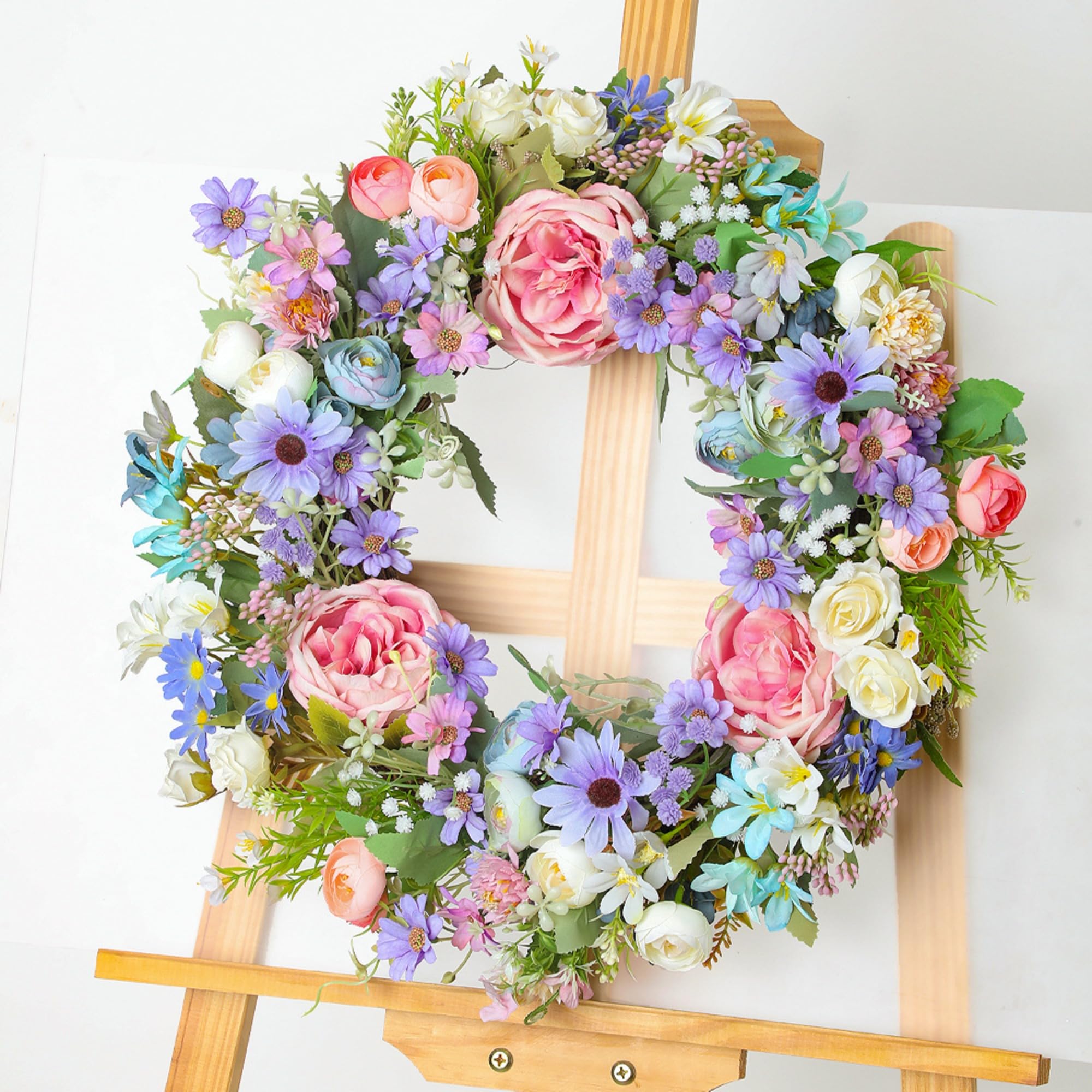 Frühlingskranz für die Haustür, 45 cm Rose Hortensie Künstliche Blumen Kranz, Künstlicher Kranz, Frühlings Sommer Türkranz für Freien Haustür Home Decor