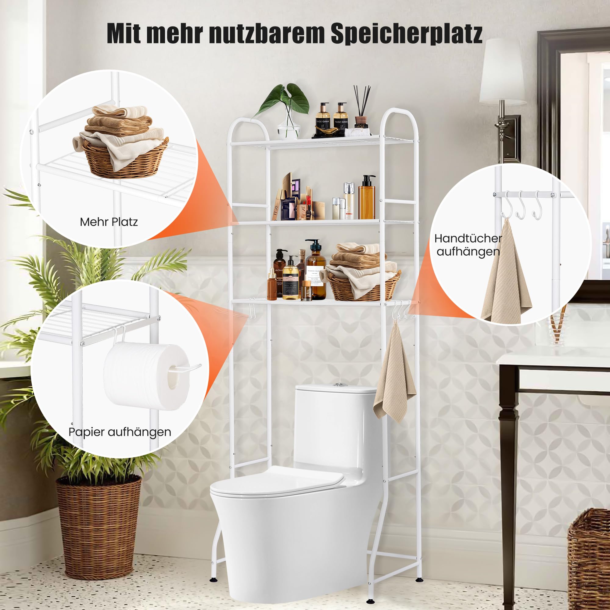 Toilettenregal aus Edelstahl, 3-stufig Weiß Bohrfrei Montage, rutschfeste Füße, Platzsparend 156x61x29cm für WC