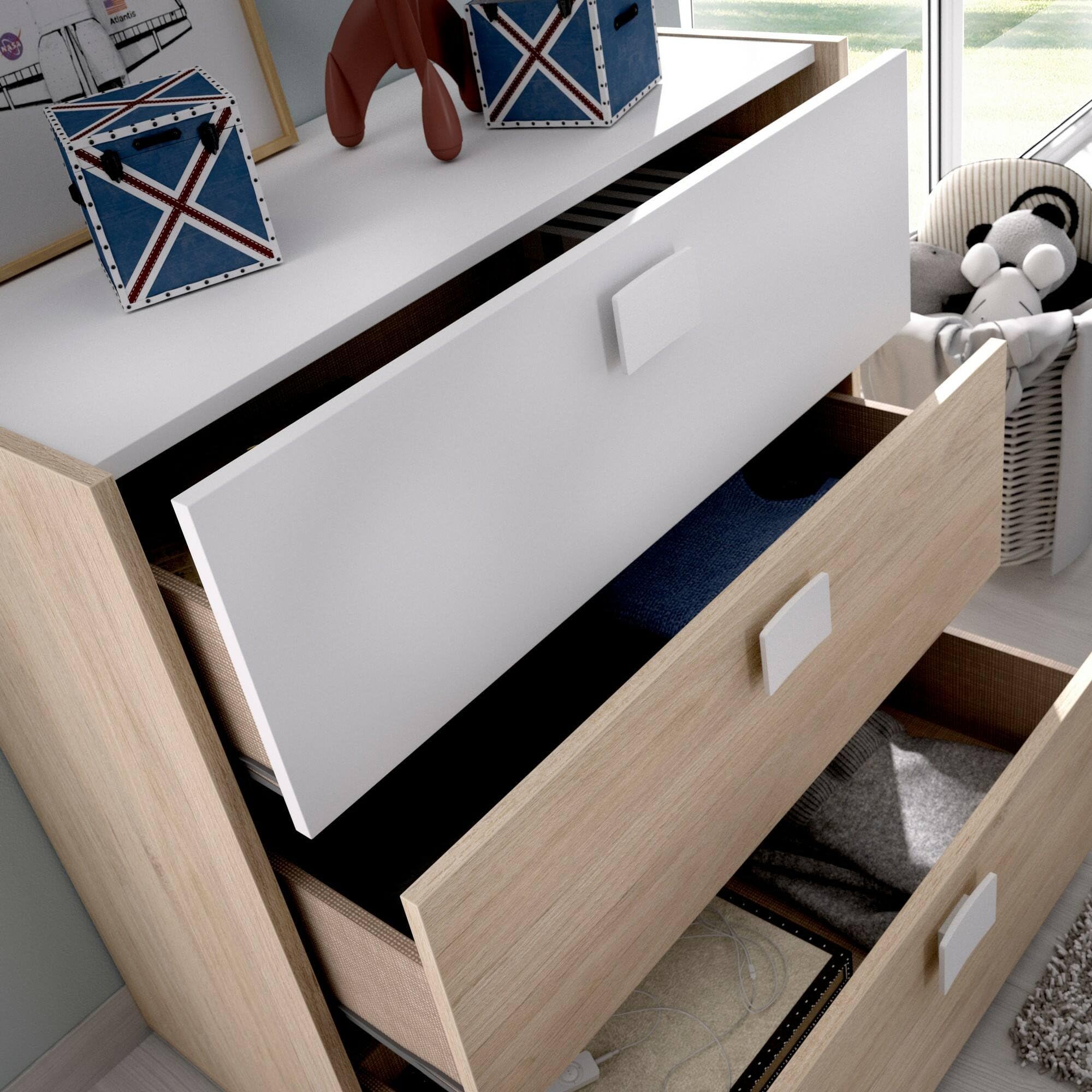 Dmora - Cassettiera Sella, Settimanale per camera da letto, Comò con 3 cassetti, 80x43h81 cm, Rovere e Bianco