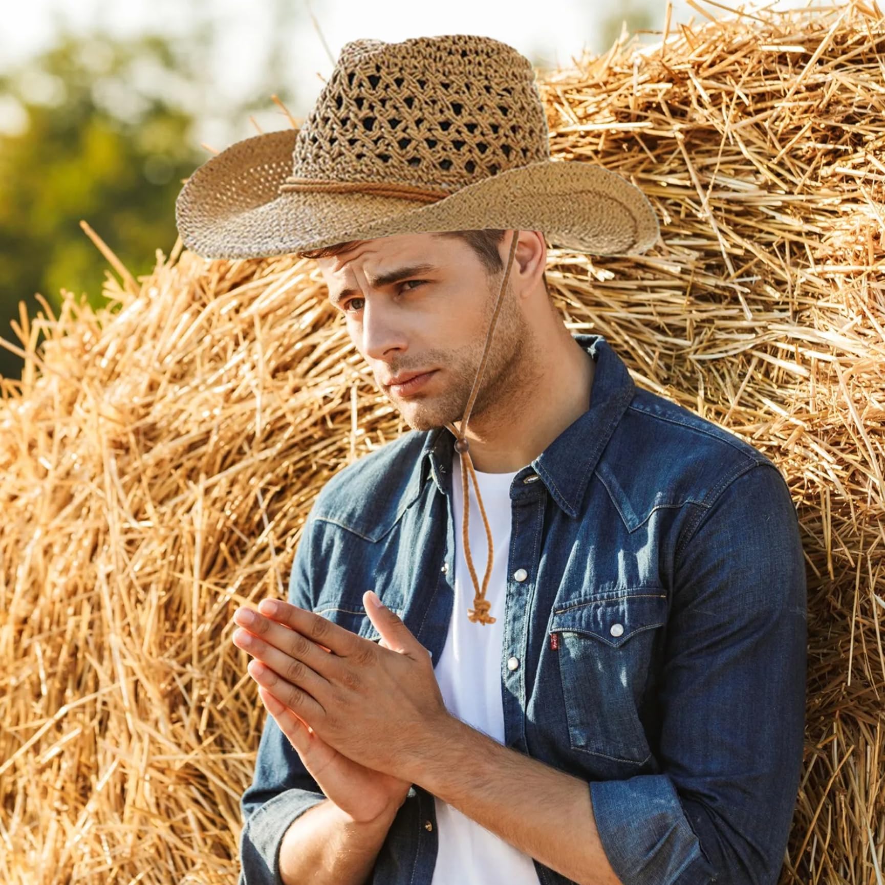 Stroh Cowboyhut, Herren Strohkrempeln Höhle Strohhüte für Männer atmungsaktivem Strandhut für Outdoor