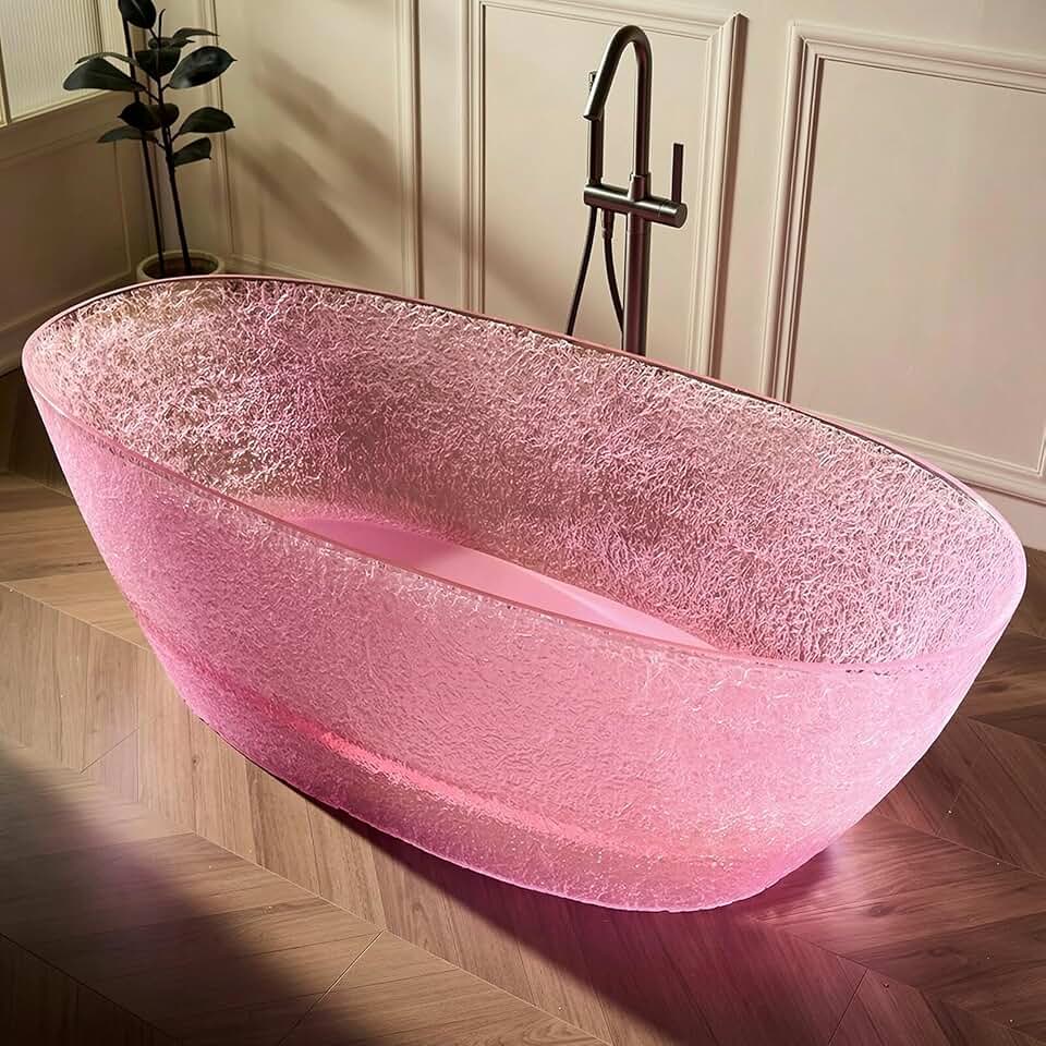 Freestanding Bathtubs - 67IN Pink Textured Tub with Oval Shape, Soaking Bath with Overflow and Drain for Bathroom， Pink