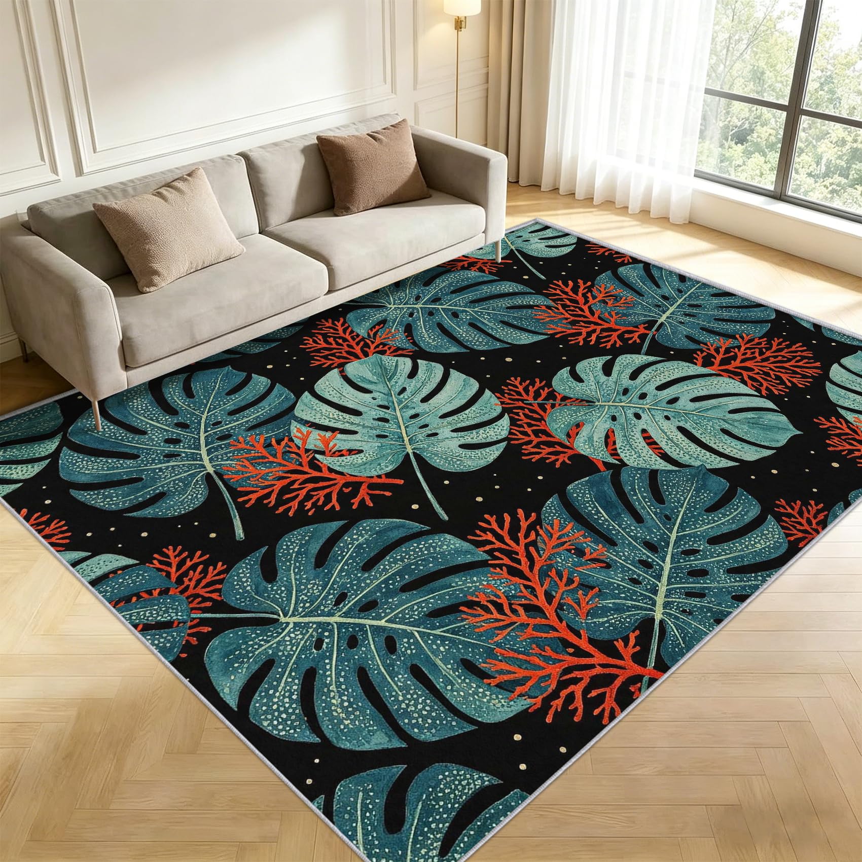 Tapis Doux Poils 120 x 170 cm, Feuilles de Monstera Decoration Lavable