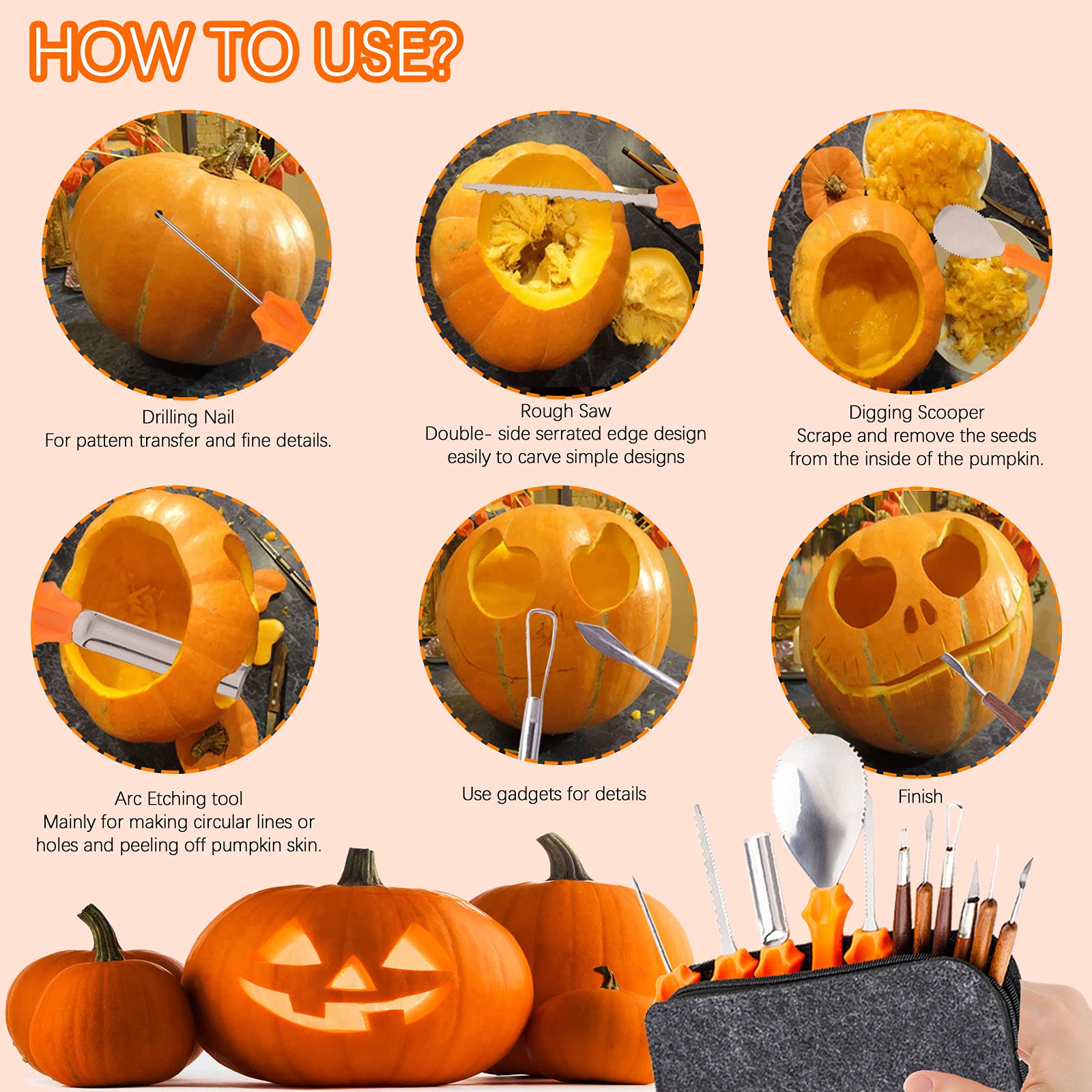 Kit Sculpture Citrouille Halloween 7 Pièces Acier Inoxydable Avec LED - Outils Professionnels