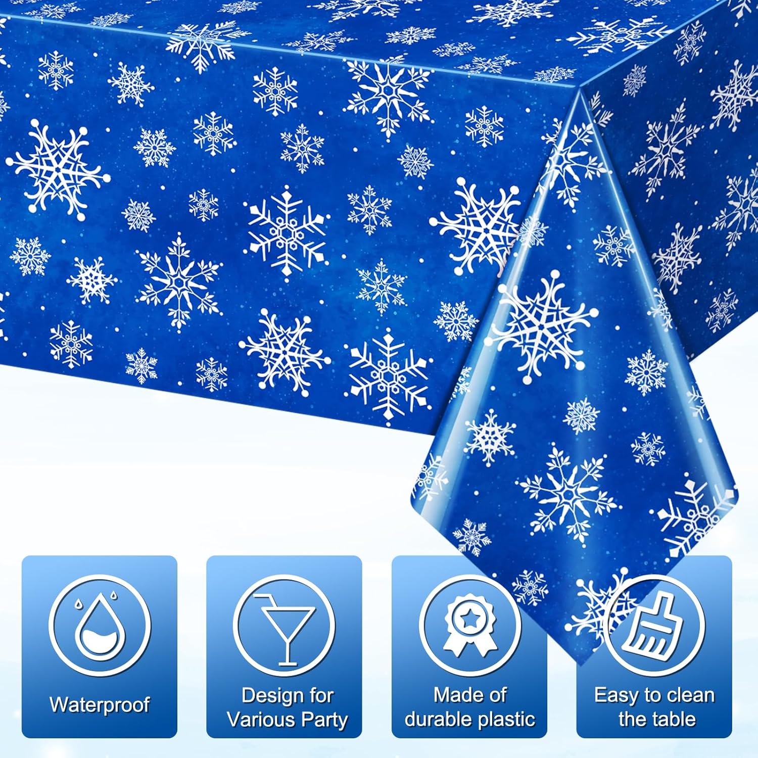 Jectivs 6 Pieces Christmas Snowflake Plastic Party Tablecloth Decorations,White Snowflake Blue Xmas Backdrop Sign Table Cover Banner for Winter Christmas Holiday Party Supplies,54x108 inch (Blue) - Image 3