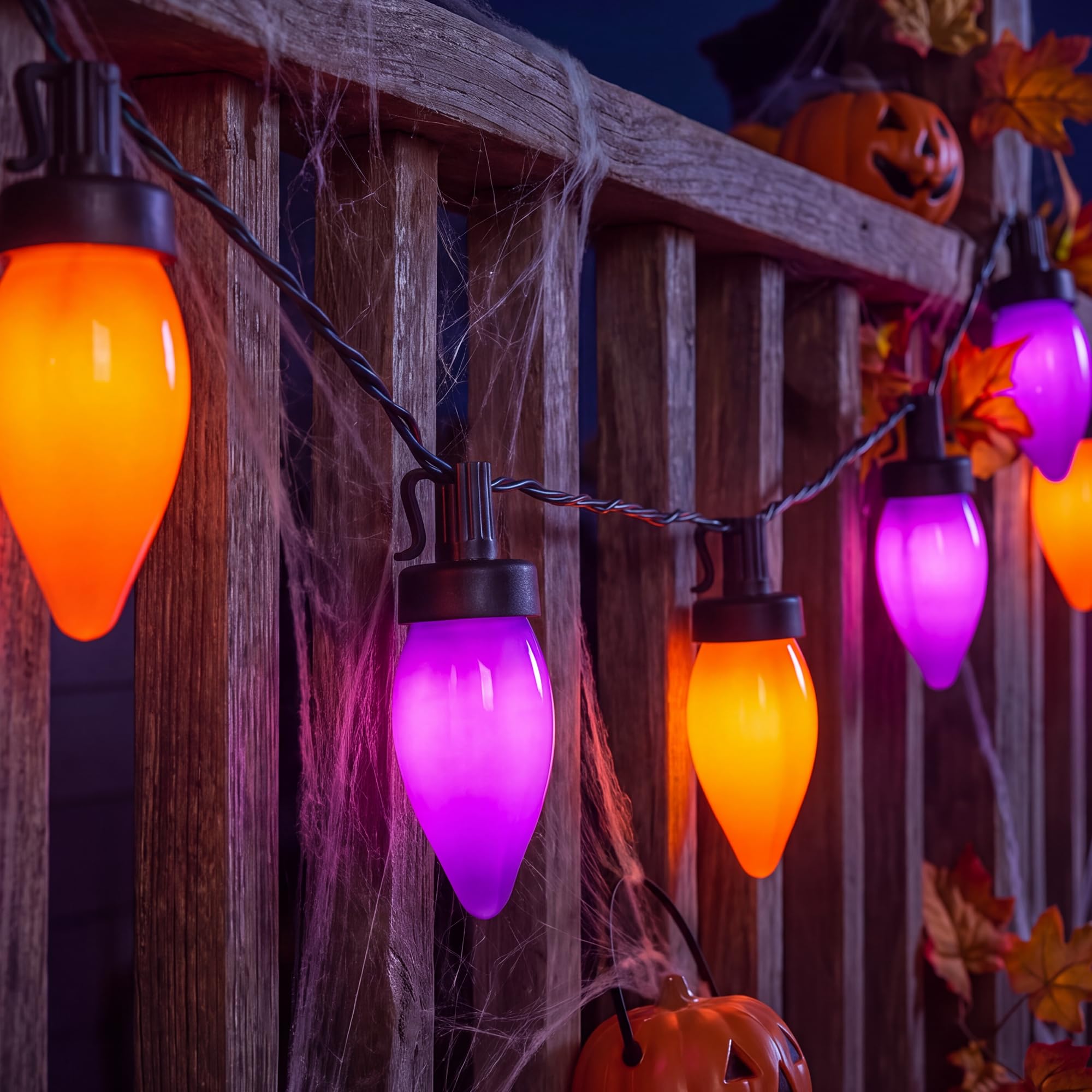 Guirlande lumineuse d'extérieur de 8 m avec 50 ampoules LED C7 et 2 de rechange, étanchéité IP44, certifiée UL pour décorations d'Halloween et de Noël (violet et orange)