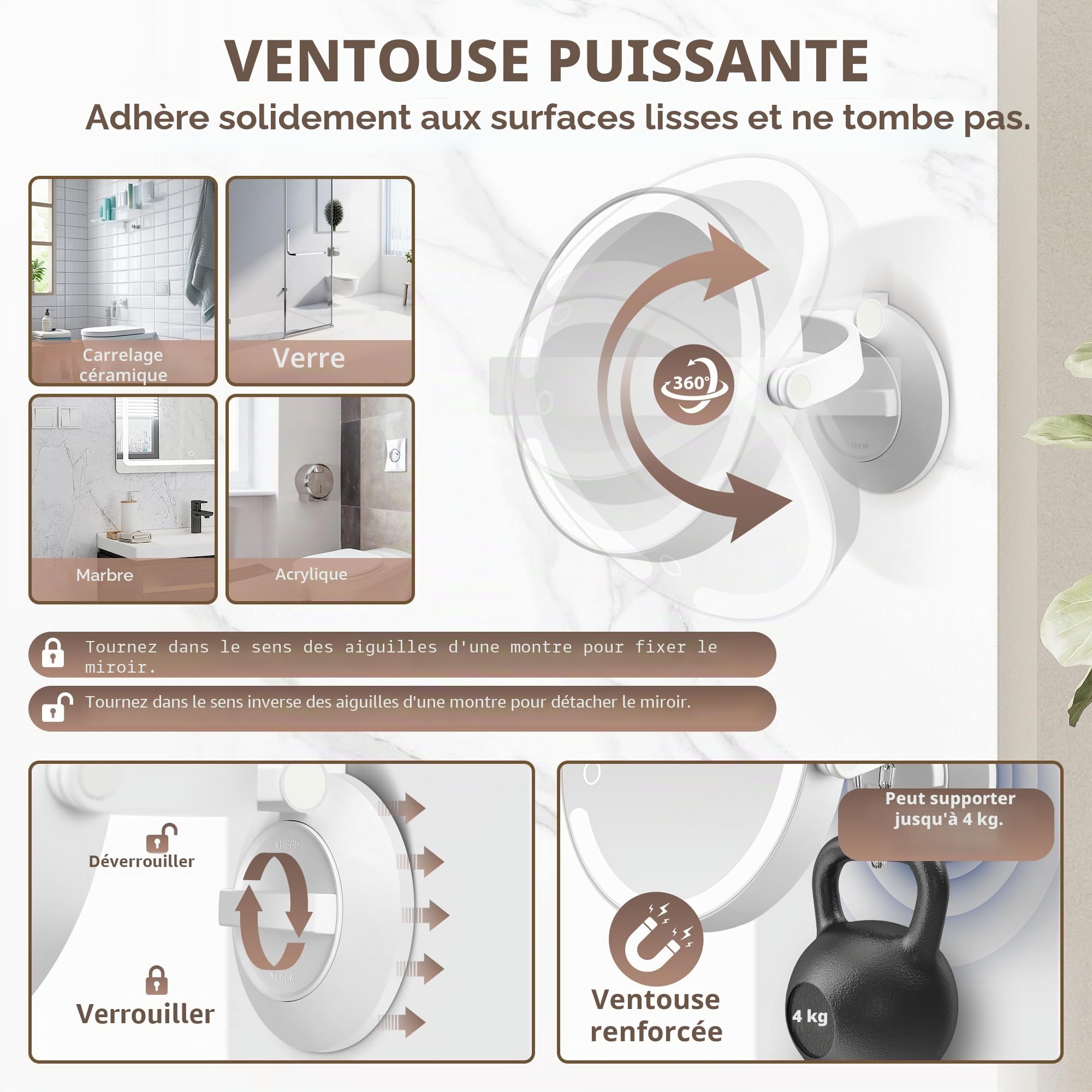 MOMOKUBA Miroir grossissant avec ventouse, double face avec éclairage, 3 modes, 30 compartiments