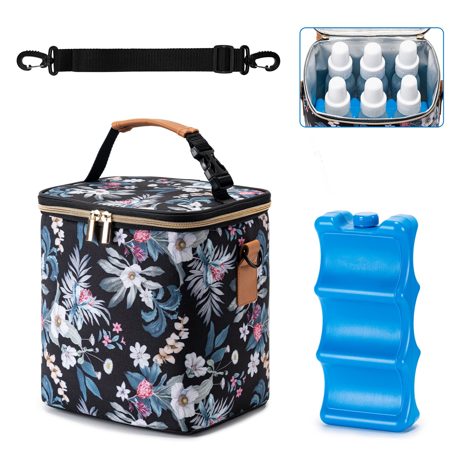 BABEYER Breastmilk Cooler Bag with Ice Pack Fits 6 Baby Bottles Up to 9 Ounce, Baby Bottle Bag with Shoulder Strap for Nursing Mom Daycare, Floral