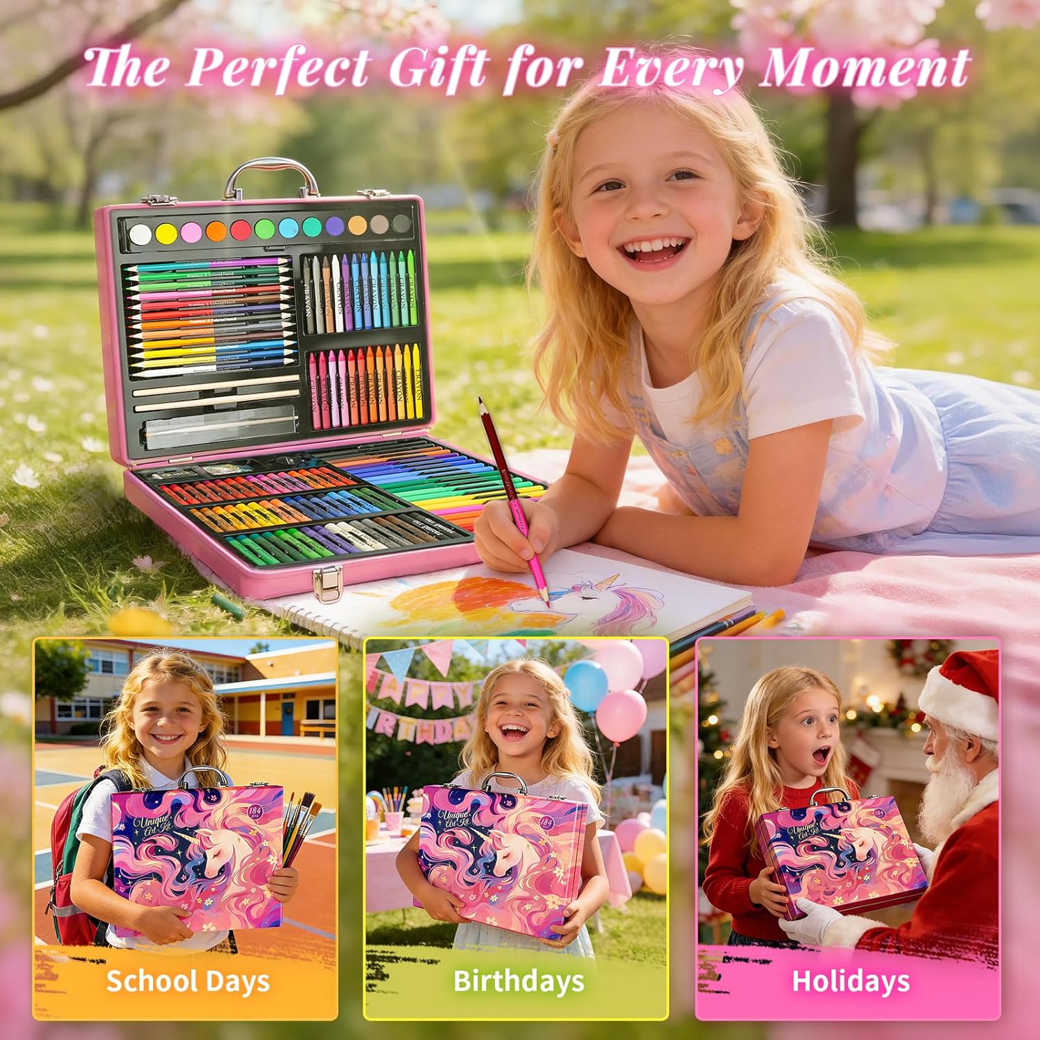 Cokiki Art Supplies,184-Piece Art Sets for Girls Ages 6-12,Unicorn Pink Princess Christmas Birthday Drawing Art Kit with Colored Pencils,Crayons,Oil Pastels,Watercolor Paint Set for Kids Girls Teens