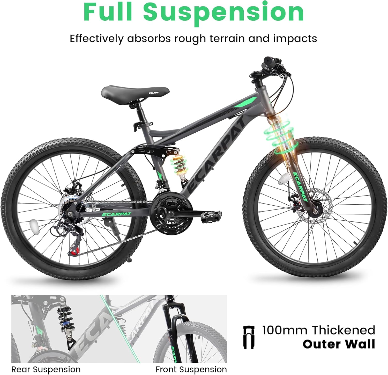 Ecarpat 24 Inch Mountain Bike Full Suspension, 21 Speed Mountain Bicycle with Steel Frame and Dual Disc Brakes, Outdoor Trail Commuter City Bike MTB Bike for Kids Teenagers