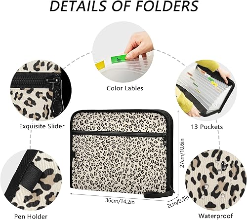 Miniatura 3 de susiyo Carpeta de archivos expandible con estampado de animales de leopardo, 13 bolsillos, tamaño carta A4, tamaño carta