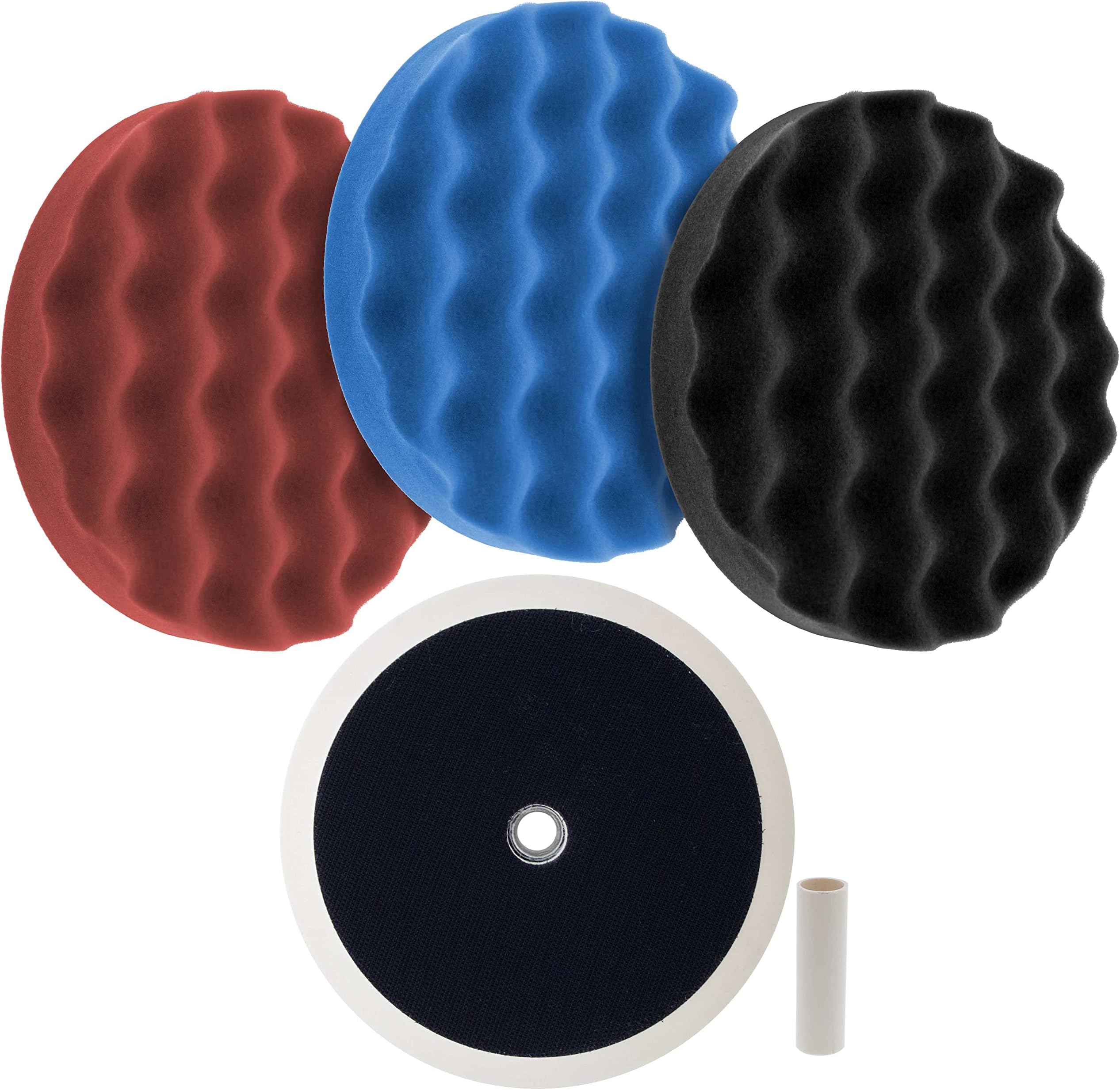 Professional 3 Pad Buffing and Polishing Kit with 8 Inch Waffle Foam Pads for Car Detailing - Complete Polisher Buffing Pad Set with 5/8" Threaded Backing Plate
