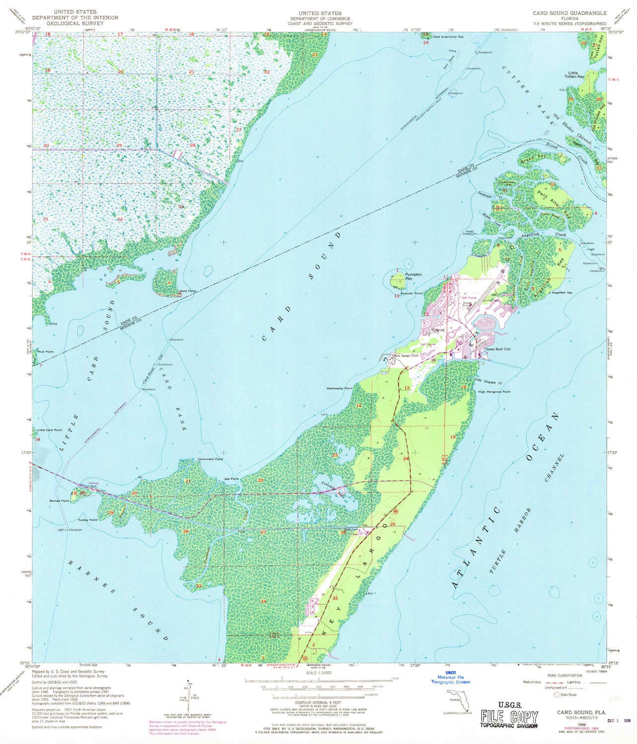YellowMaps Card Sound FL topo map, 1:24000 Scale, 7.5 X 7.5 Minute, Historical, 1956, Updated 1970, 26.8 x 22.9 in - Paper