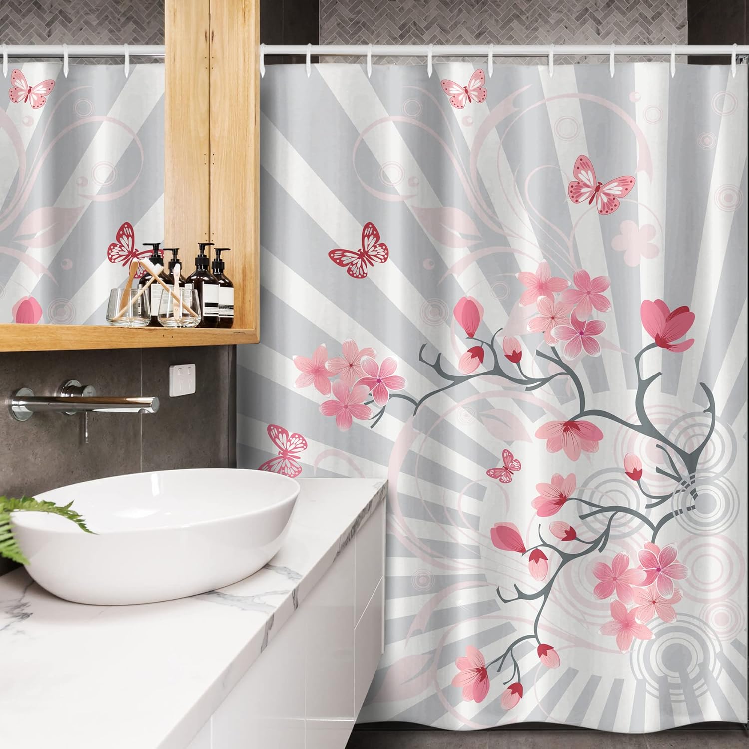 Ambesonne Nature Stall Shower Curtain, Cherry Blooming Butterflies on Stripes Sun Rays Curvy Lines Ornamental Art, Fabric Bathroom Decor Set with Hooks, 54" W x 78" L, Pale Grey Pink