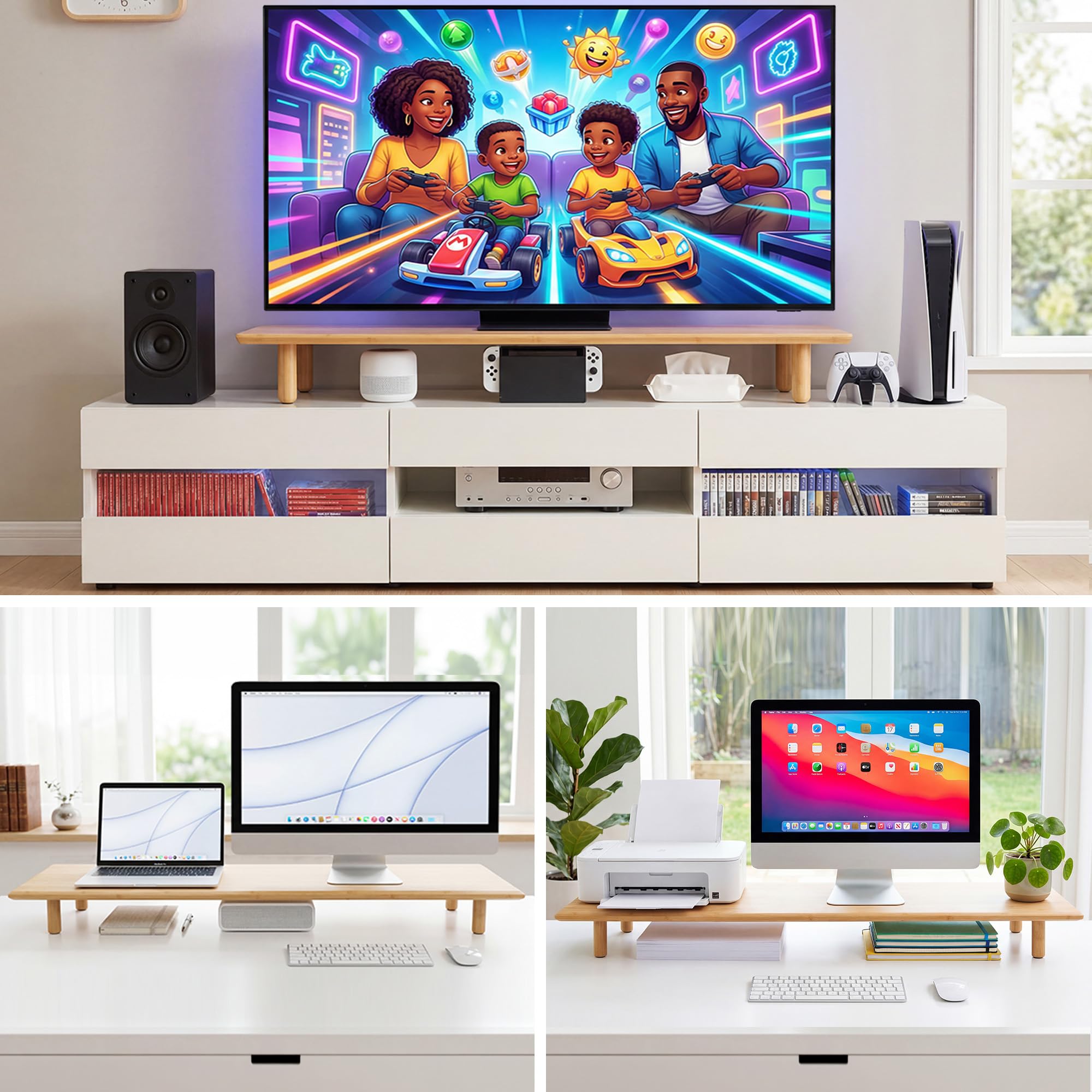 Soporte elevador de bambú para monitor doble con estante de almacenamiento, organizador de escritorio ergonómico para oficina en casa, WFH y trabajadores remotos (se adapta a 2 monitores