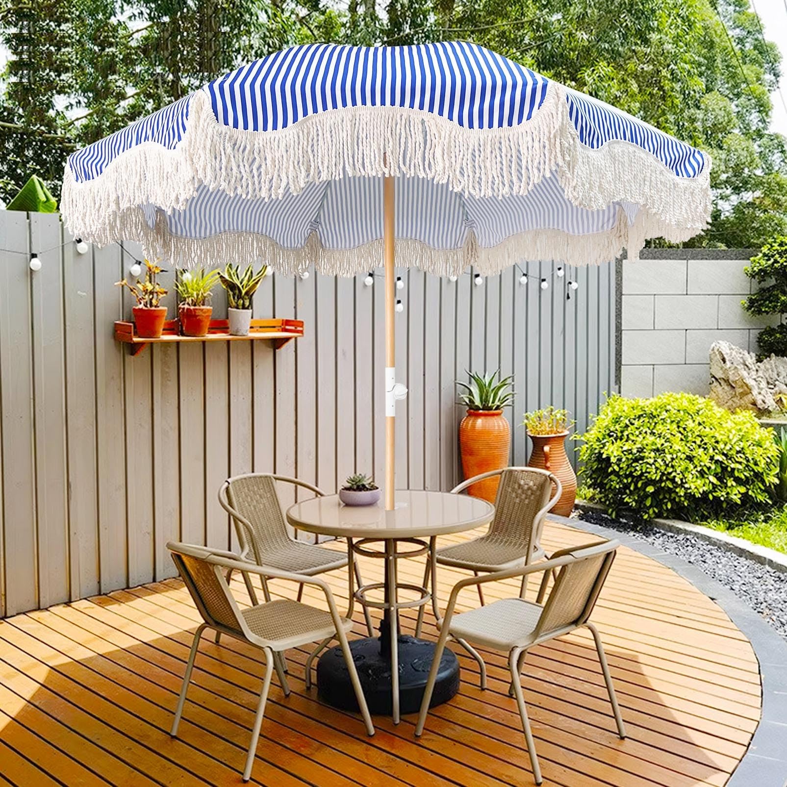 blain's patio umbrella Blue White Striped Beach Umbrellas For Sand UV50+ 6ft With Fringe Outdoor Boho Umbrella Table Umbrella Heavy Duty Tilting Wood Pole Portable Pool Umbrella Windproof For Holiday Deck Model:746CB (7'4