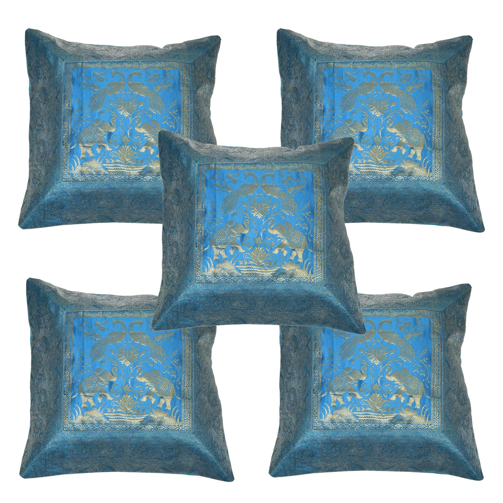 Marusthali Copricuscino indiano etnico ricamo a mano decorativo broccato seta divano divano dispersione cuscino tradizionale set di 1, 2, 5 pezzi dimensioni 46 x 46 cm (turchese, 5