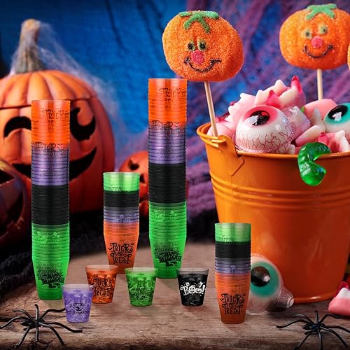 Miniatura 7 de Sunnyray Vasos de chupito de plástico para Halloween a granel de 2 onzas, vasos desechables de plástico duro transparente y coloridos vasos de