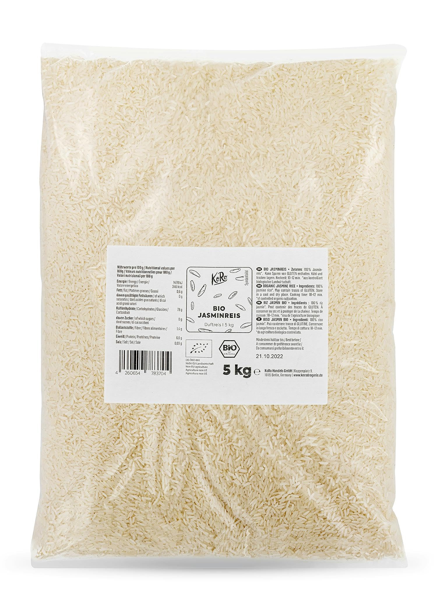 KoRo - Riz jasmin bio - 5 kg, Idéal pour les currys et les poêles aux légumes - Riz parfumé à l'odeur fleurie