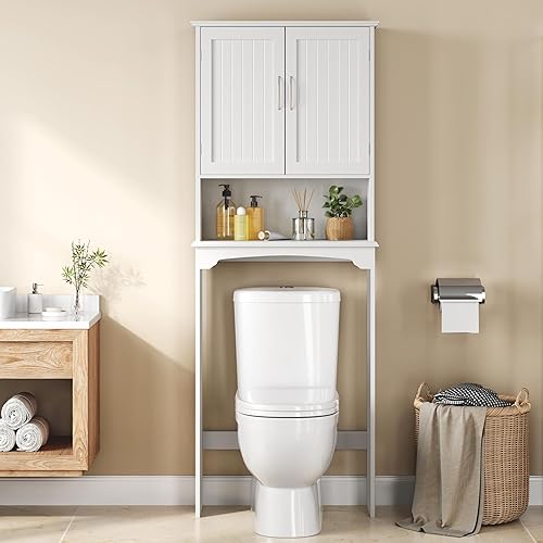 Miniatura 2 de Yaheetech Armario sobre el inodoro, organizador de almacenamiento de baño de doble puerta, estante de inodoro con estante interior ajustable y Blanco