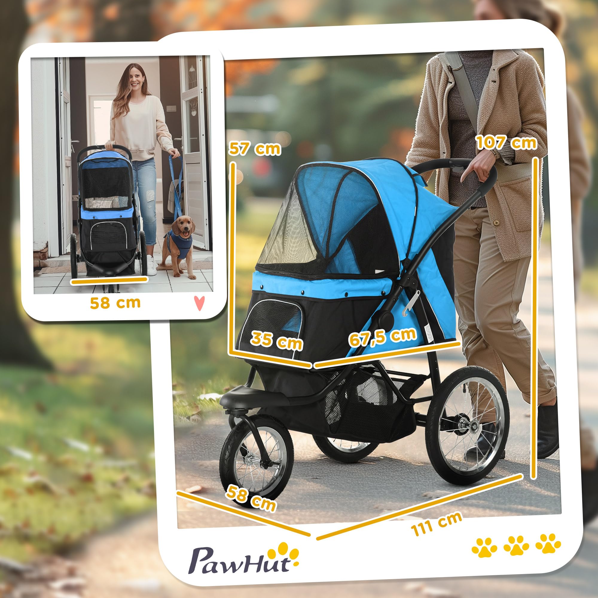 PawHut Hundewagen Hundebuggy klappbar für Hunde & Katzen bis 20 kg Katzenbuggy mit geländegängige Gummiräder Kissen Netzfenstern Türen Katzenwagen mit Aufbewahrungskorb Buggy Blau