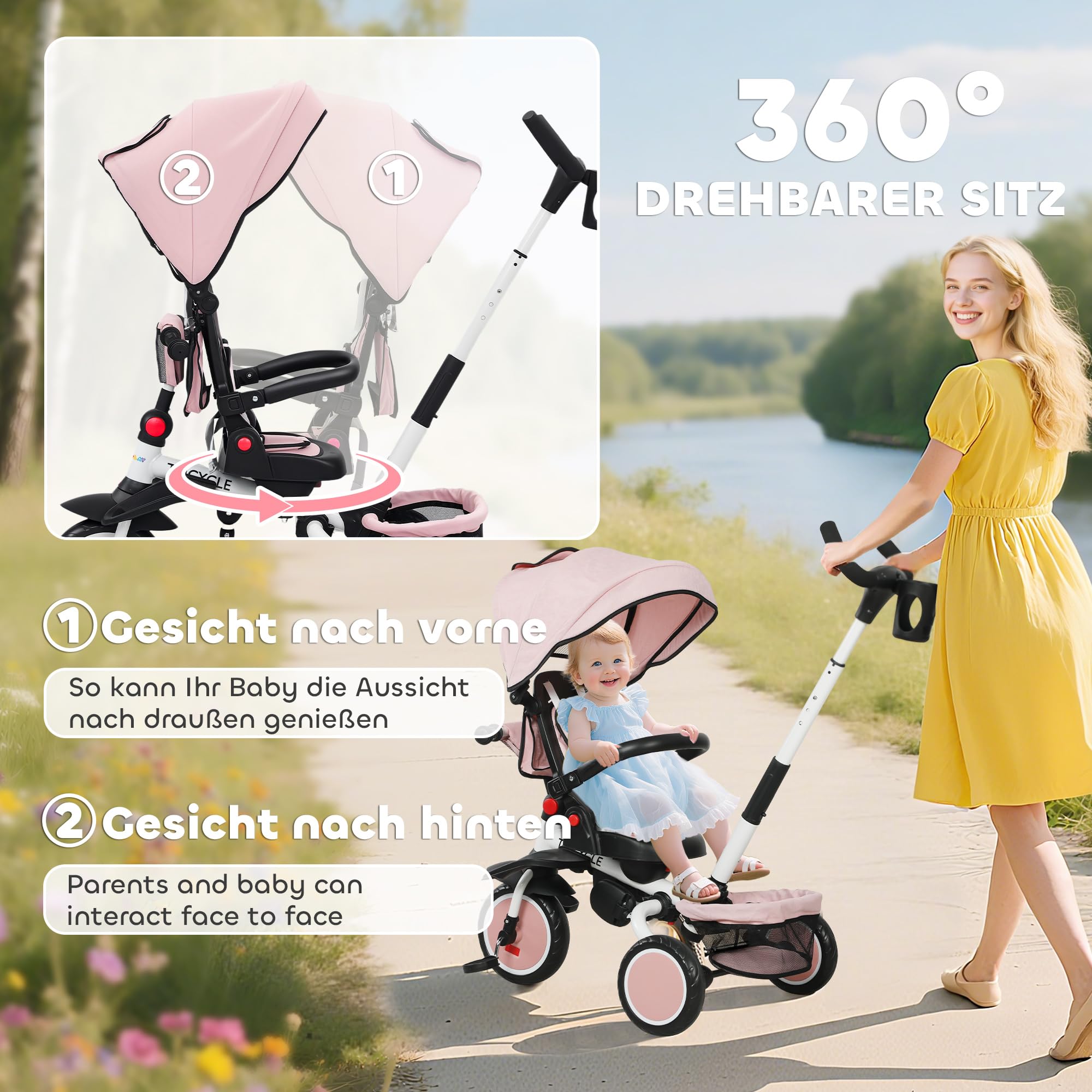 AIYAPLAY Dreirad 6in1 mit Schubstange für 1-5 Jahre Faltbar Kinderdreirad mit drehbarem Sitz, Korb, Tasche, Getränkehalter, klappbar Sonnendach, Sicherheitsgurt Rosa