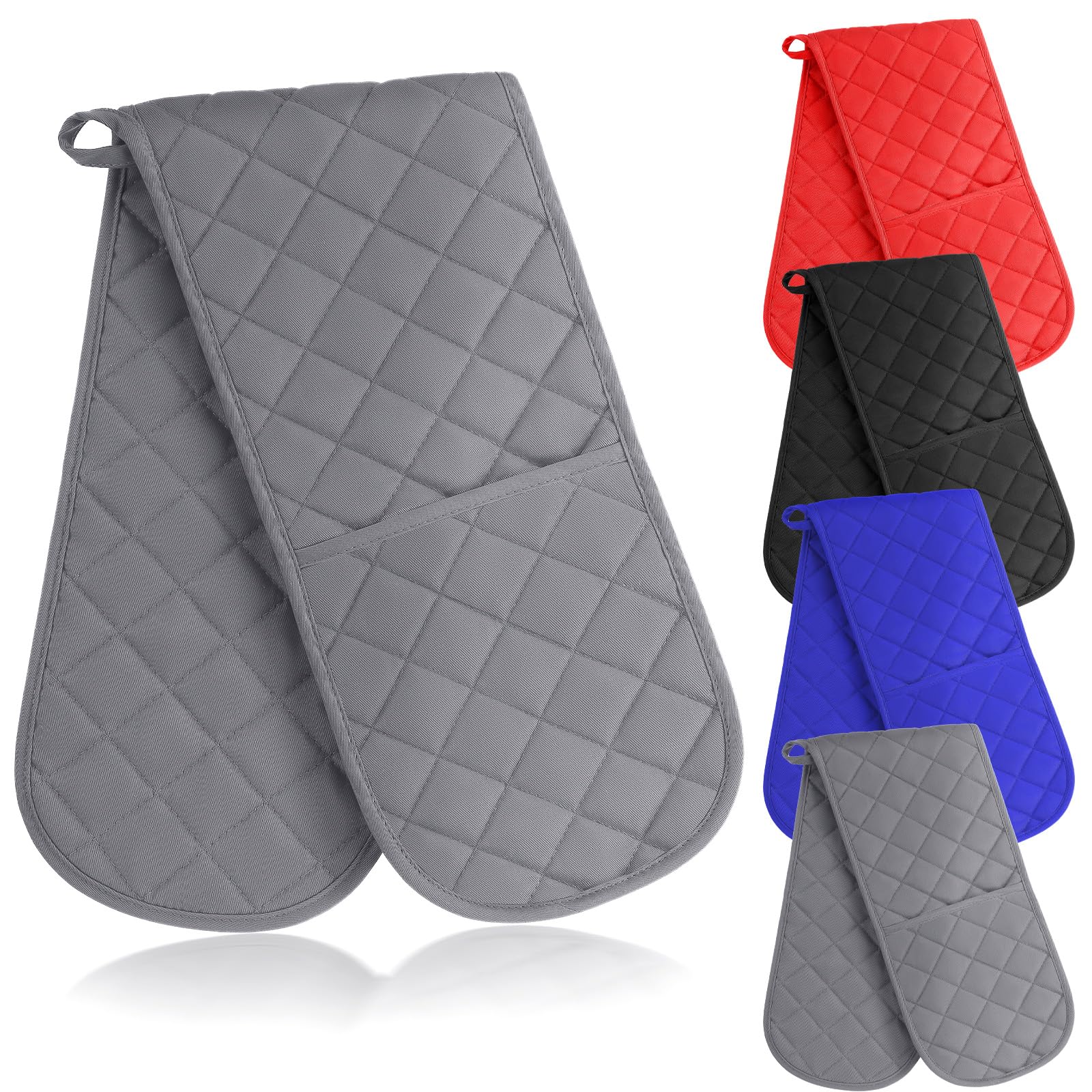 TecUnite Juego de 4 manoplas dobles de cocina, resistentes al calor, de algodón, color negro, azul, rojo, gris, para cocina en casa
